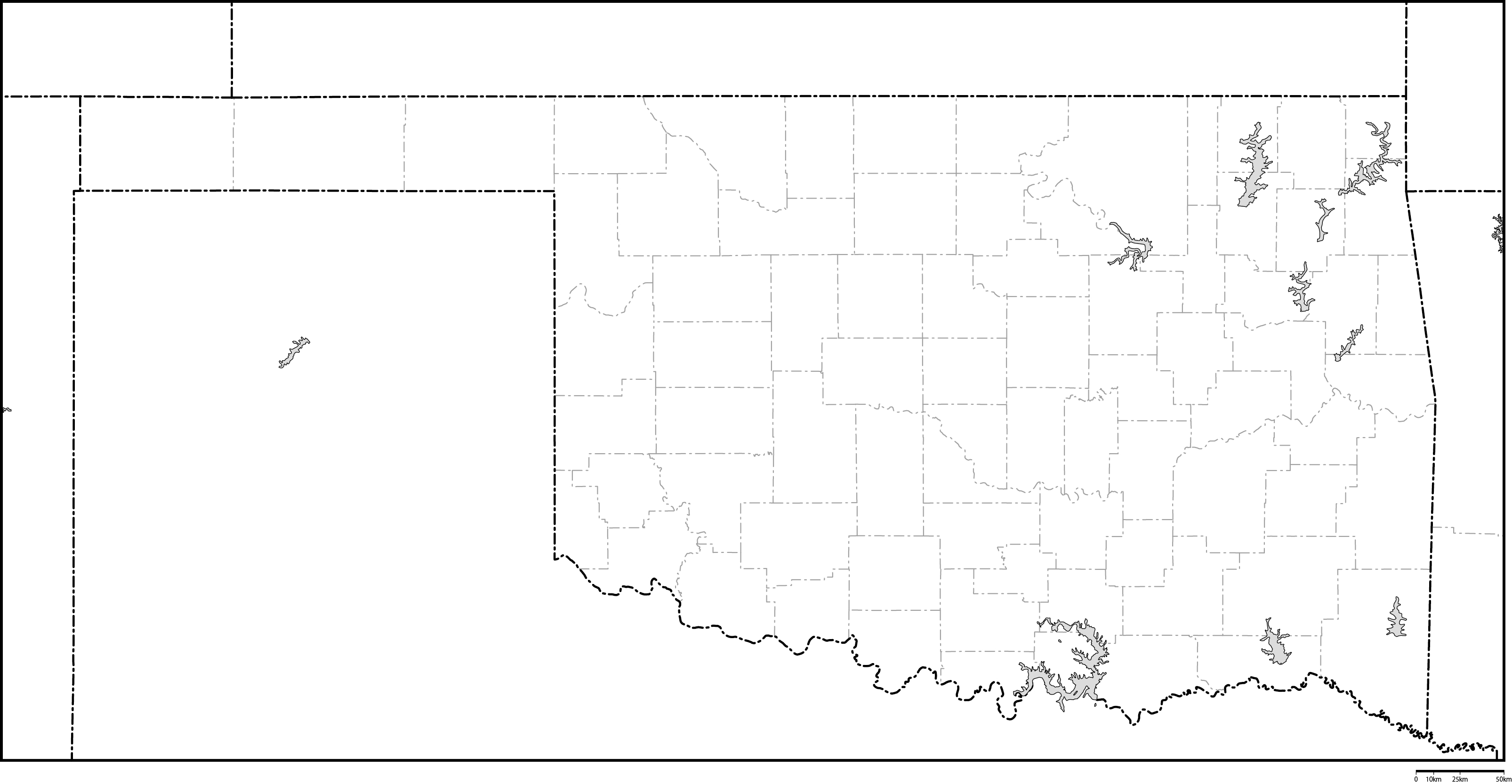 オクラホマ州郡分け白地図フリーデータの画像