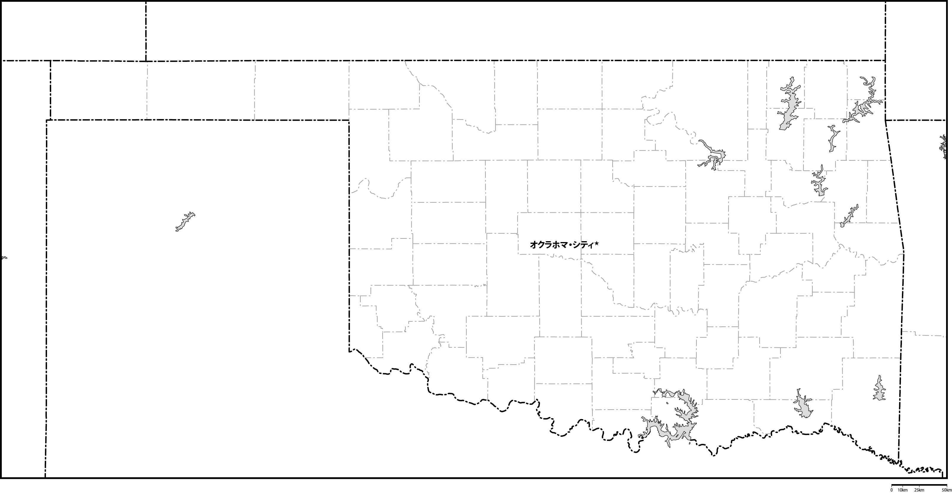 オクラホマ州郡分け白地図州都あり(日本語)フリーデータの画像