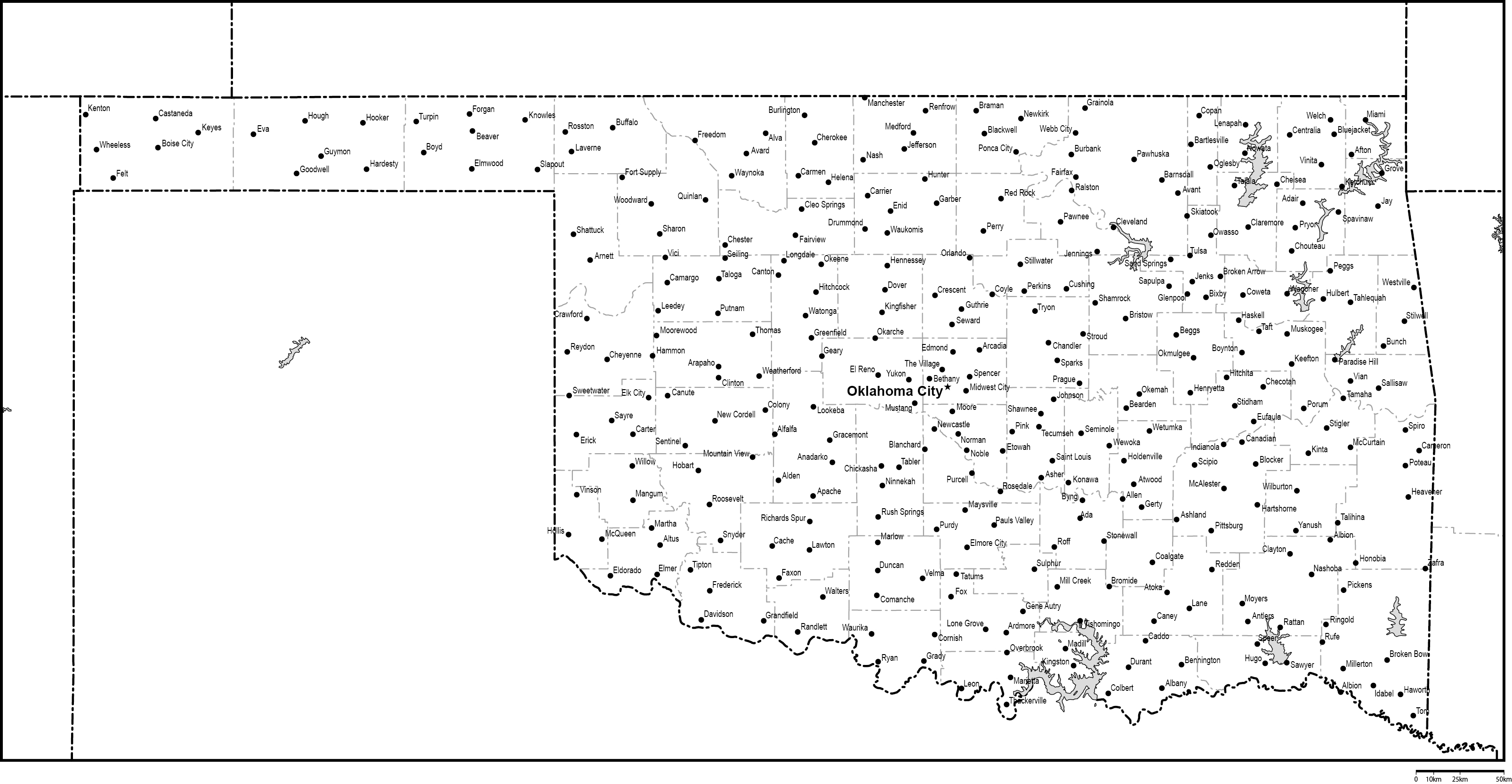 オクラホマ州郡分け白地図州都・主な都市あり(英語)フリーデータの画像