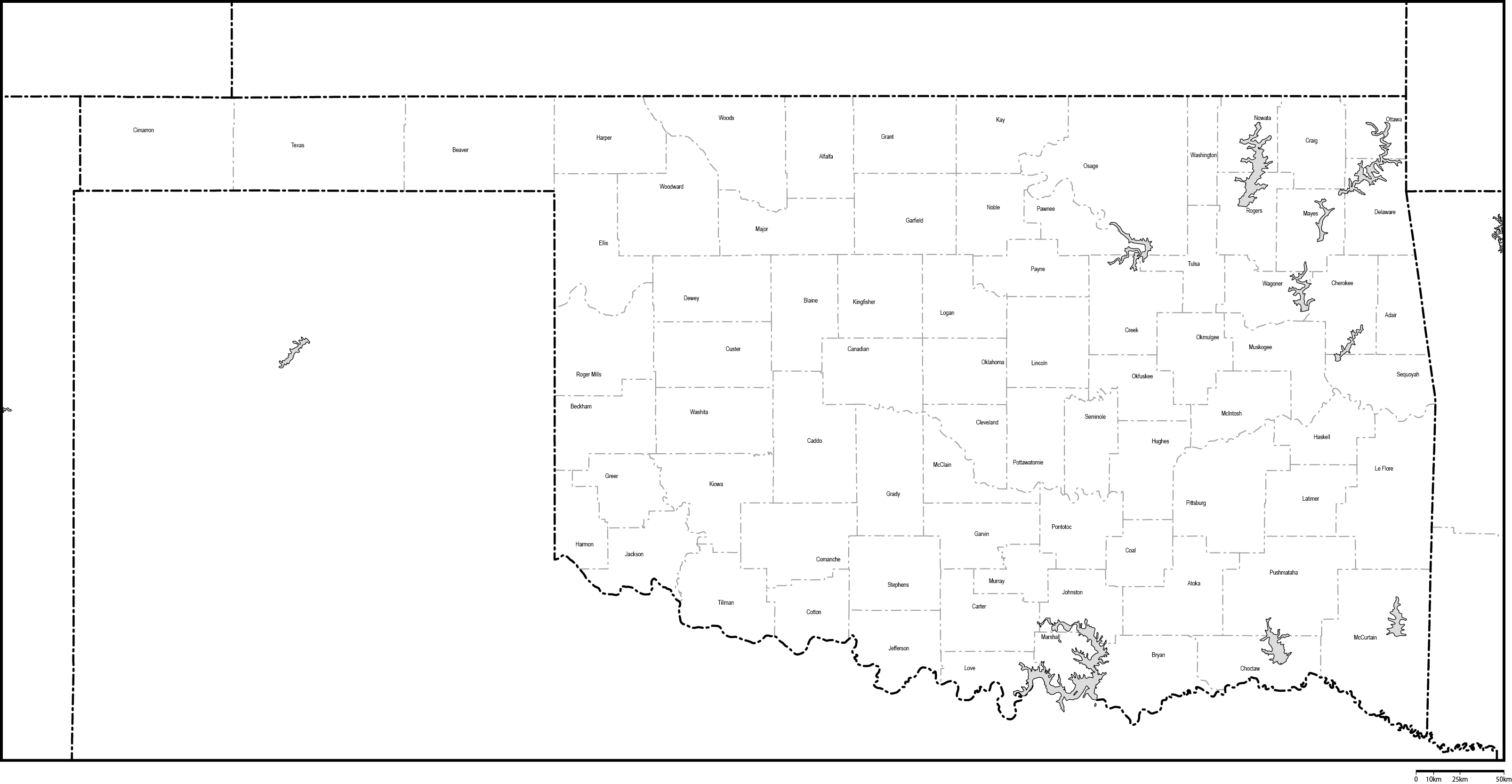 オクラホマ州郡分け白地図郡名あり(英語)フリーデータの画像