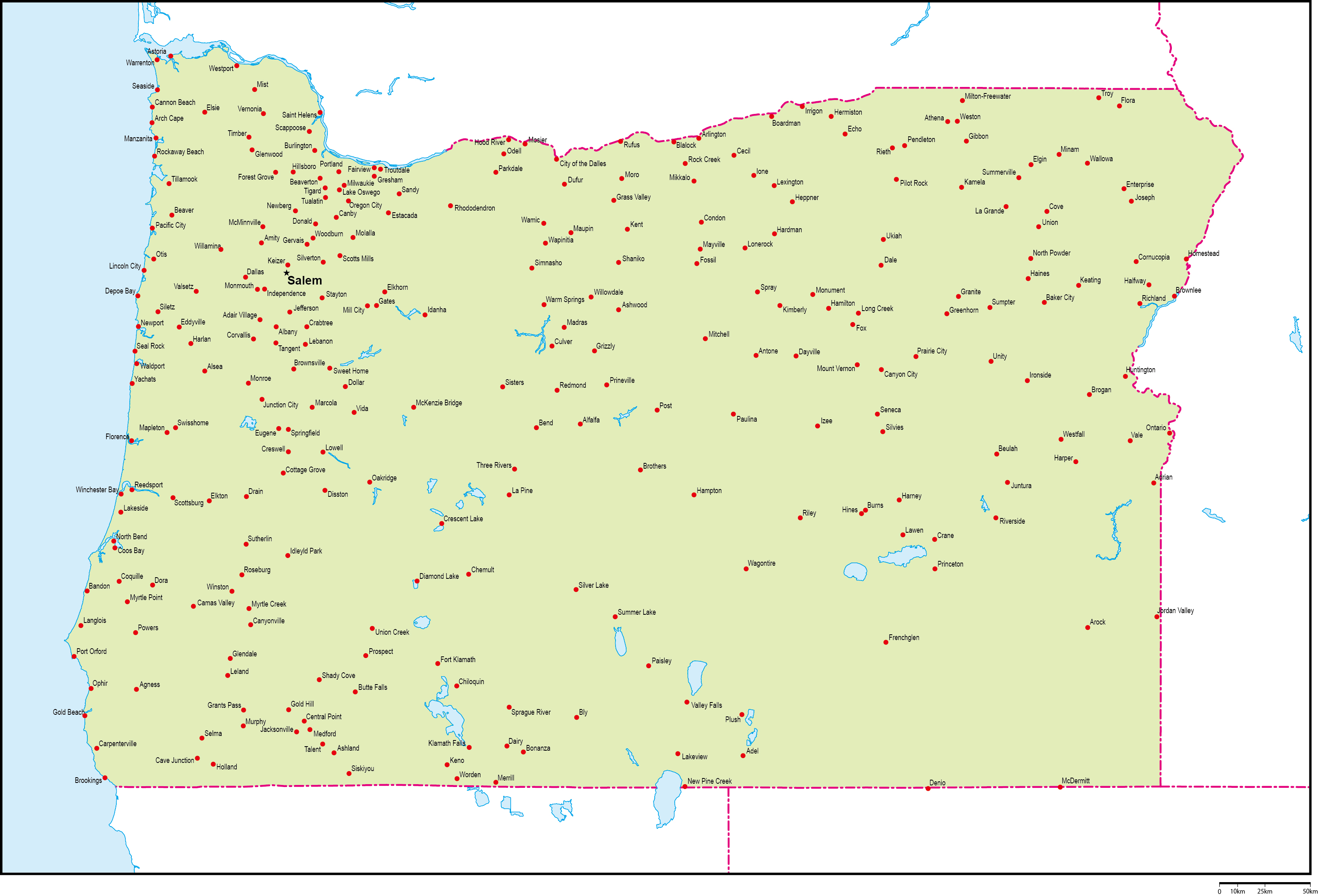 オレゴン州地図州都・主な都市あり(英語)フリーデータの画像