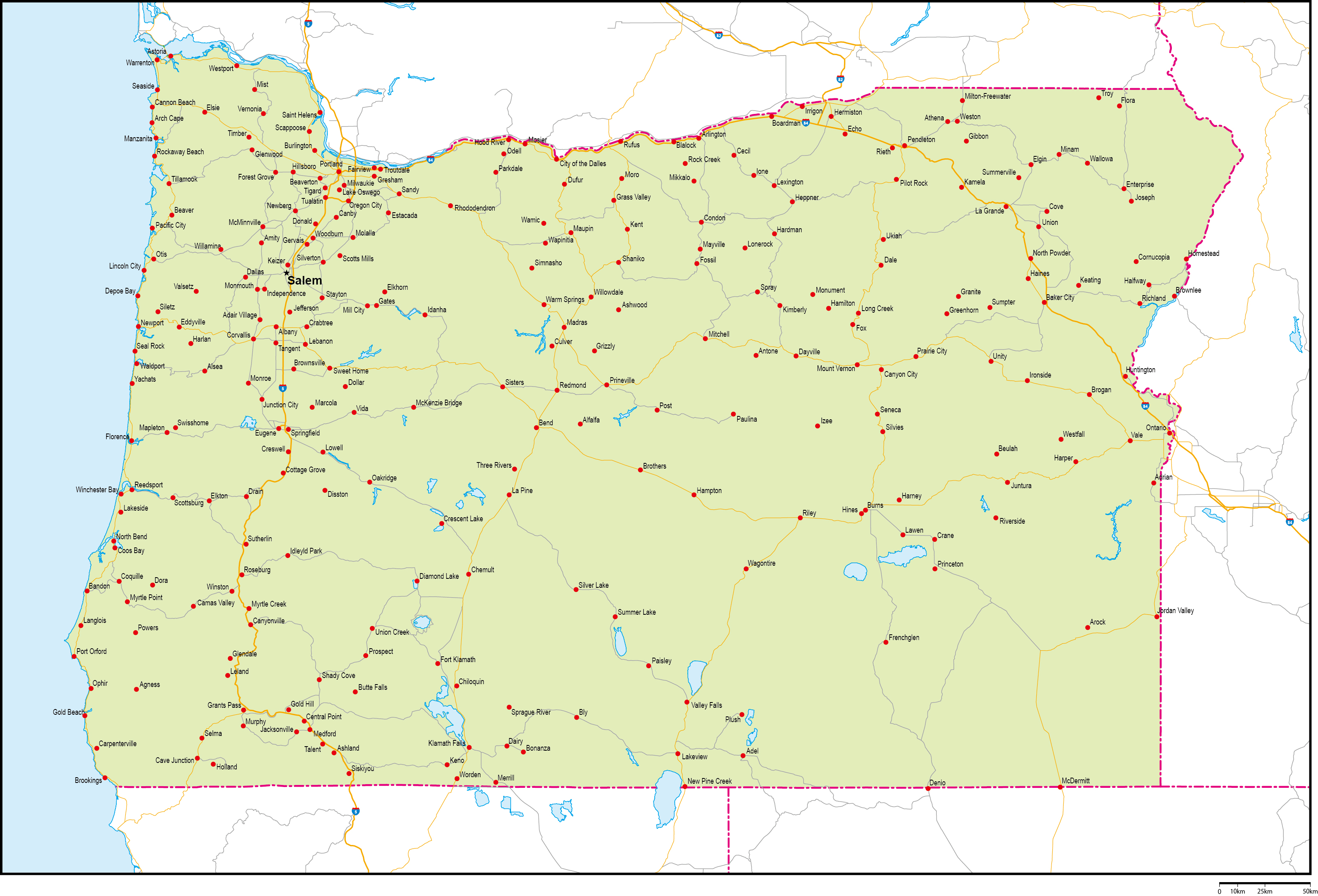 オレゴン州地図州都・主な都市・道路あり(英語)フリーデータの画像