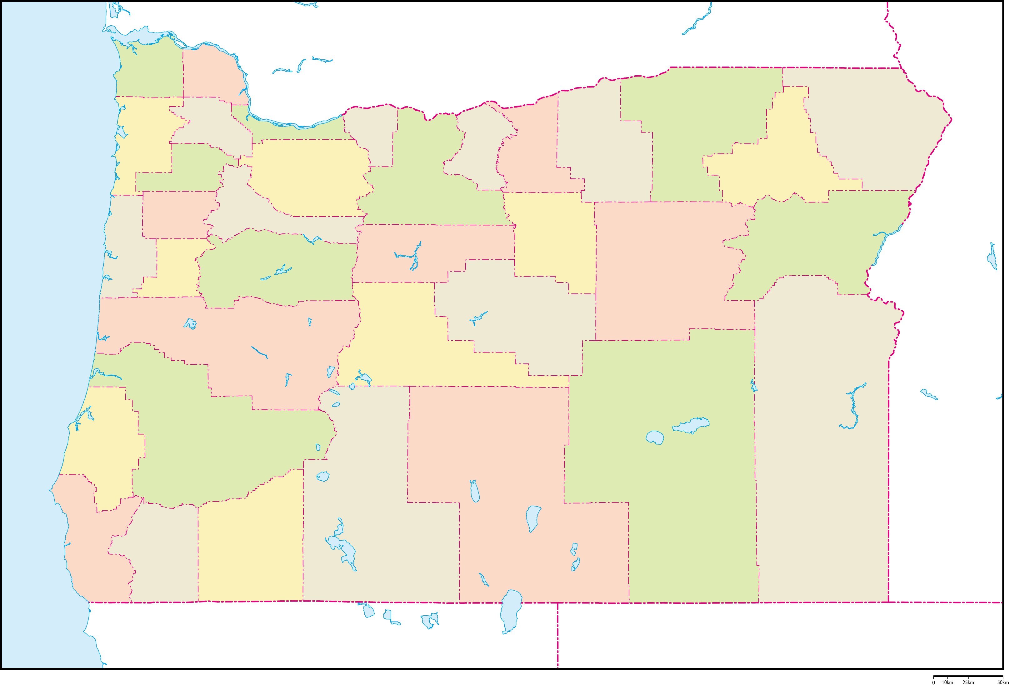 オレゴン州郡色分け地図フリーデータの画像