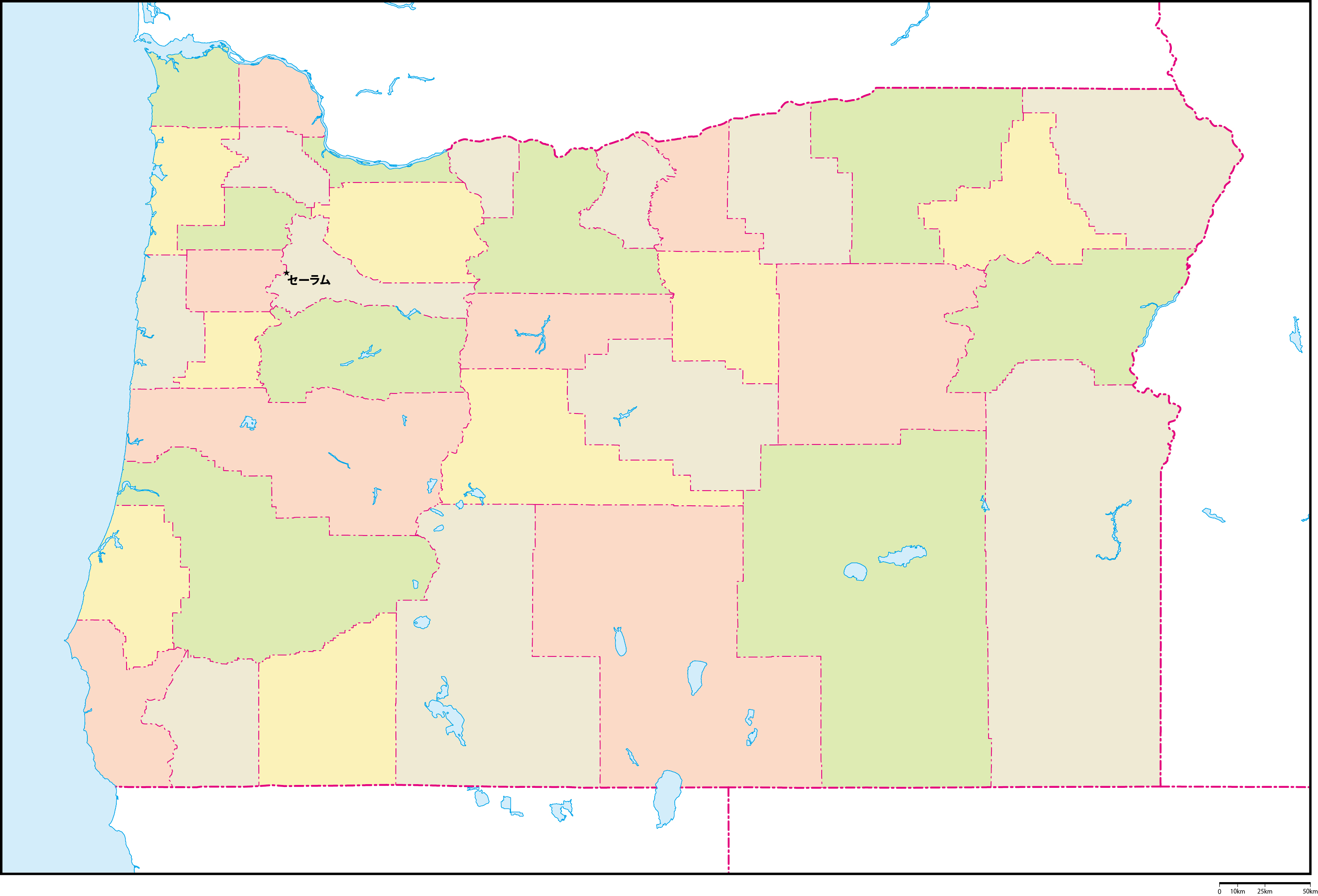 オレゴン州郡色分け地図州都あり(日本語)フリーデータの画像