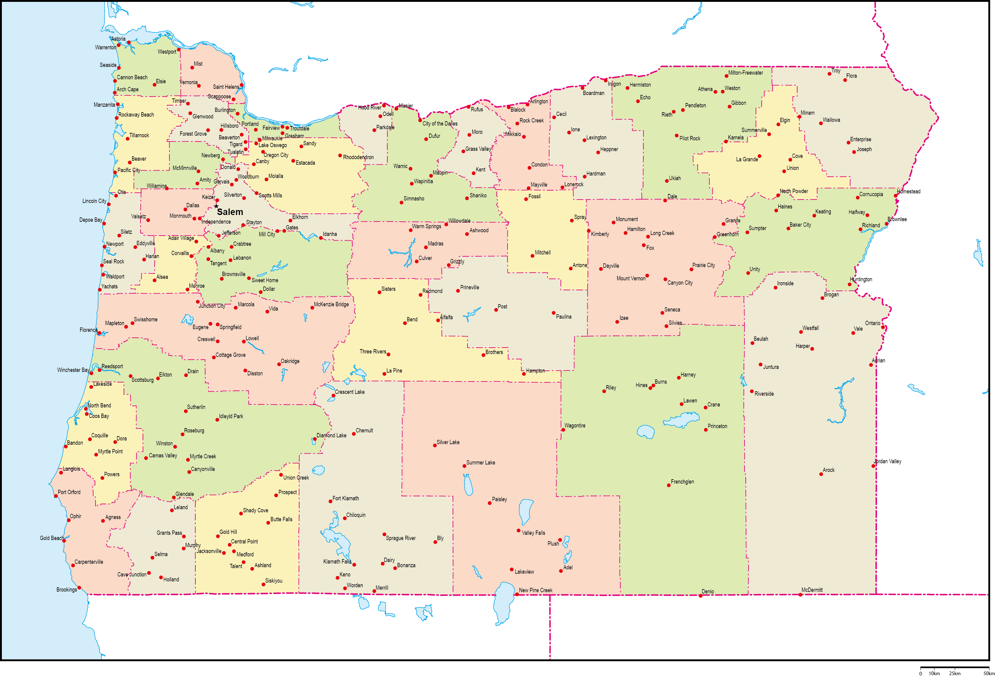 オレゴン州郡色分け地図州都・主な都市あり(英語)フリーデータの画像