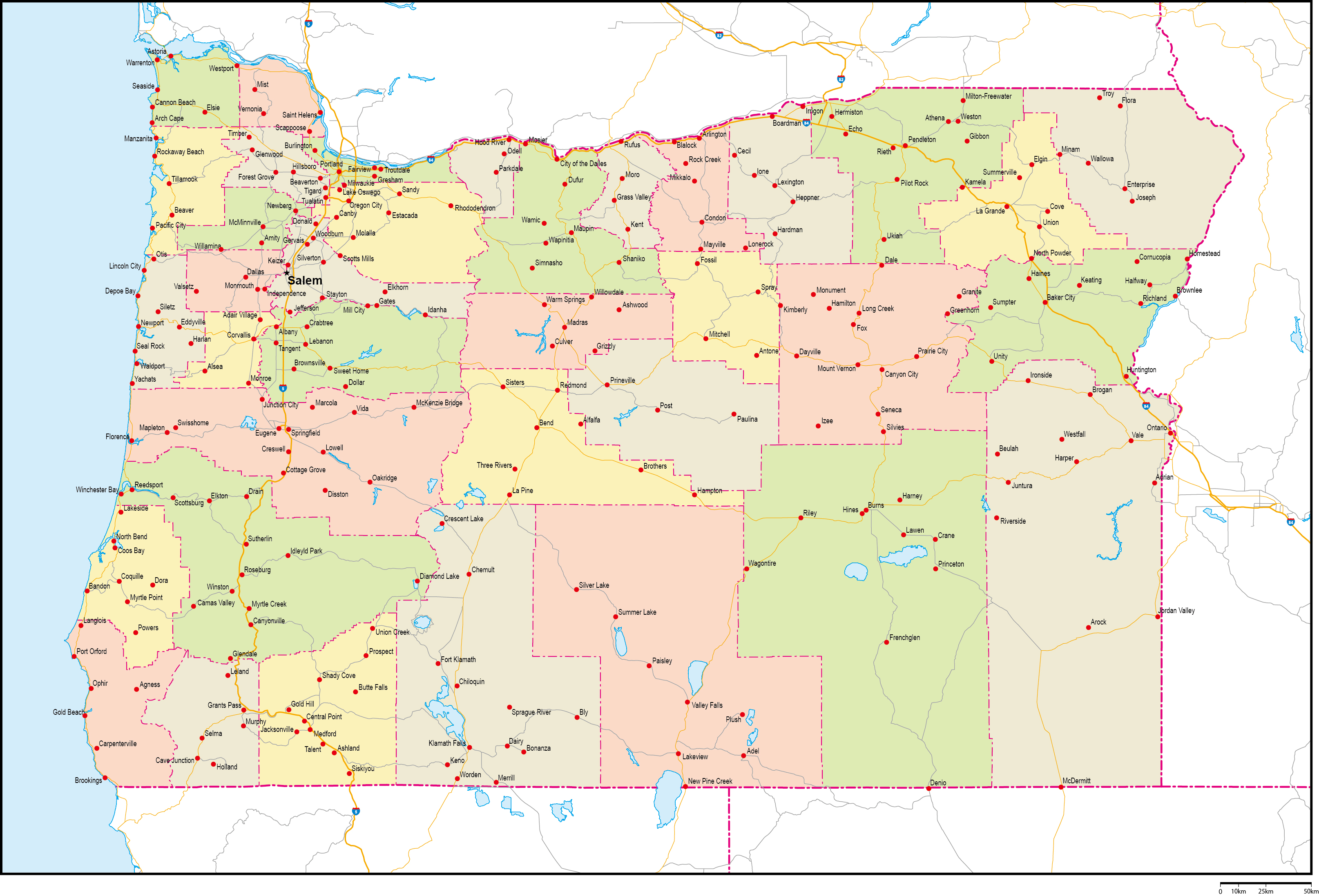 オレゴン州郡色分け地図州都・主な都市・道路あり(英語)フリーデータの画像