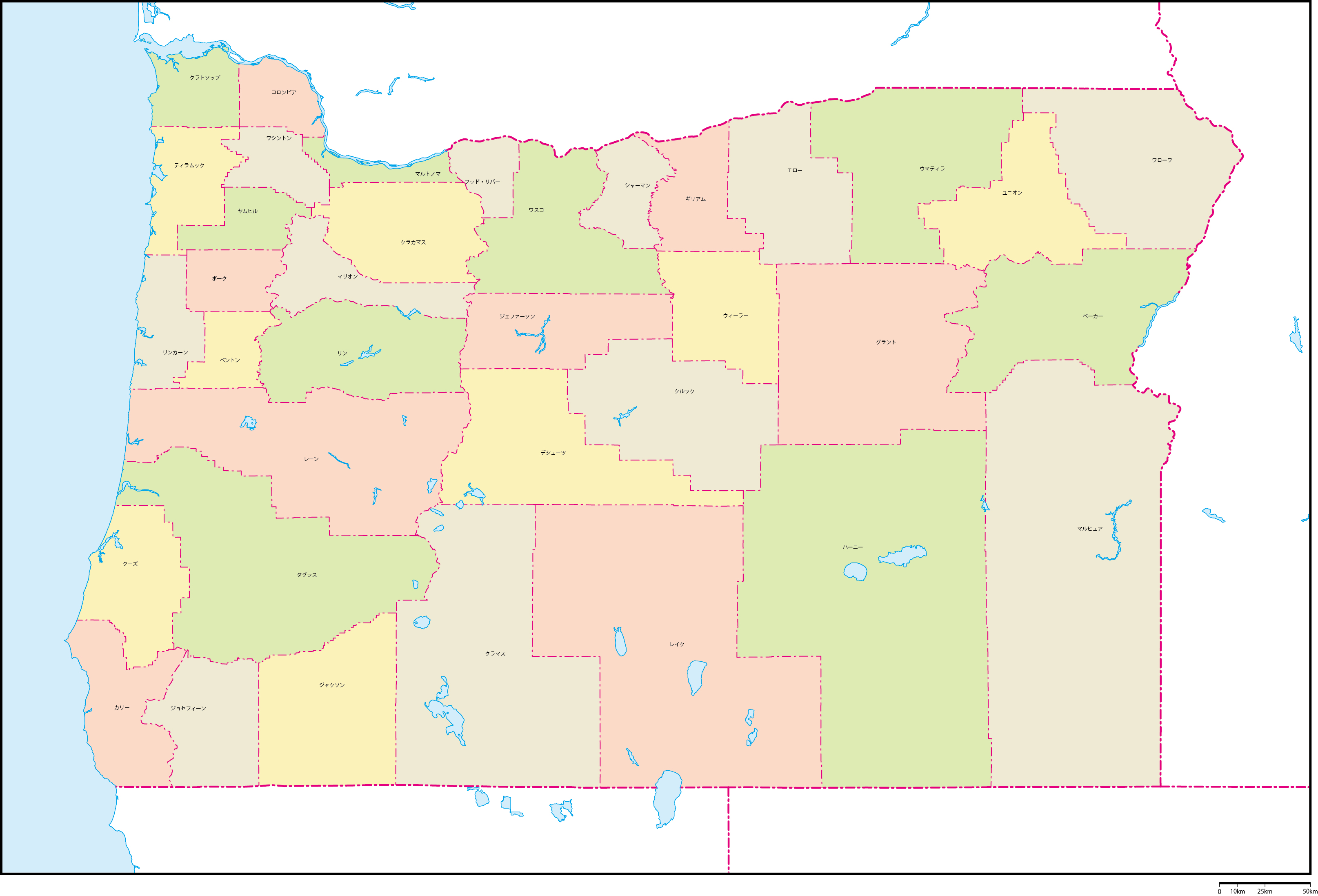 オレゴン州郡色分け地図郡名あり(日本語)フリーデータの画像