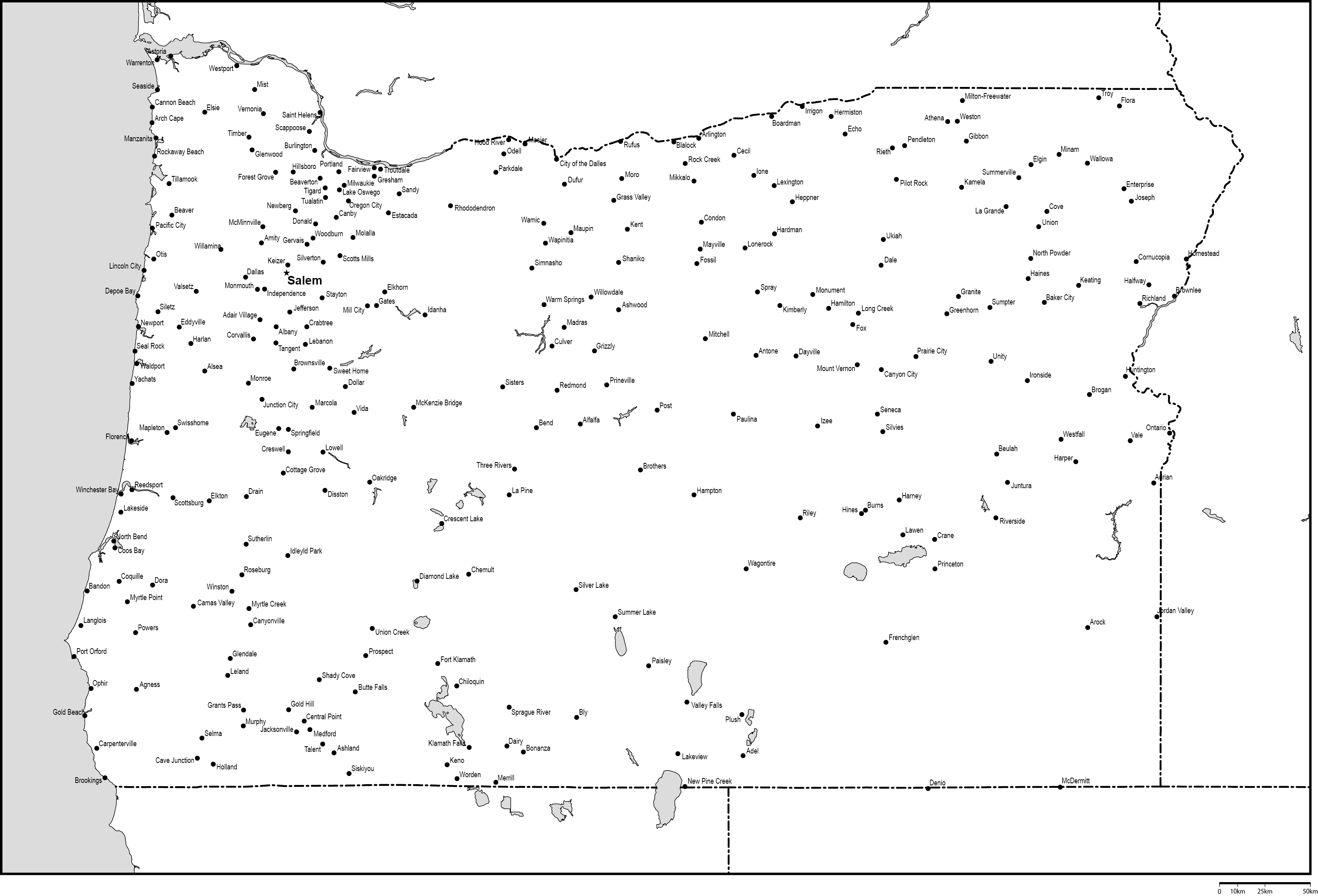 オレゴン州白地図州都・主な都市あり(英語)フリーデータの画像