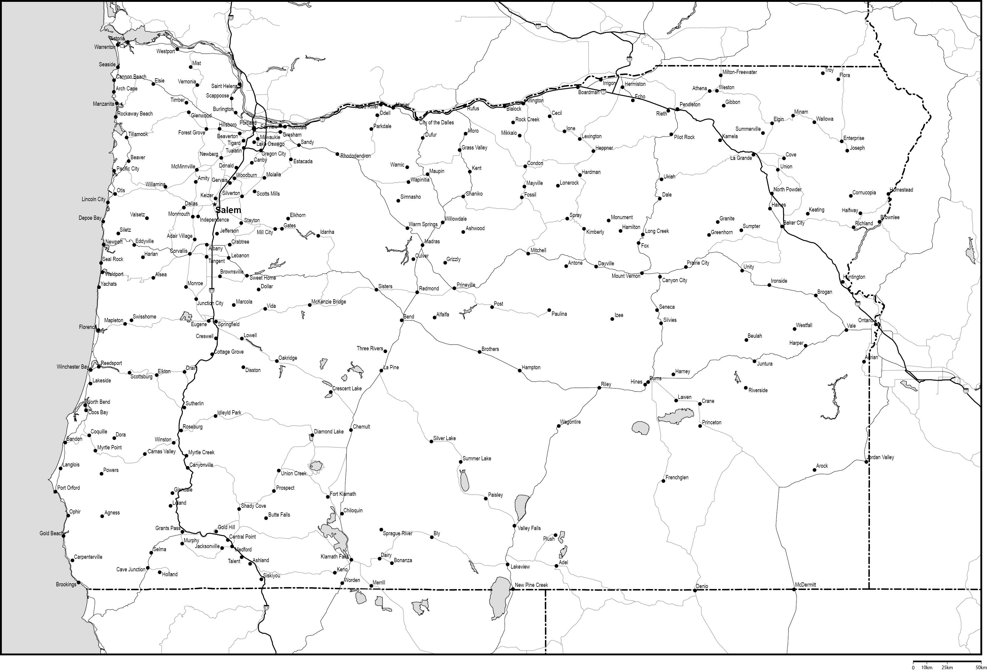 オレゴン州白地図州都・主な都市・道路あり(英語)フリーデータの画像