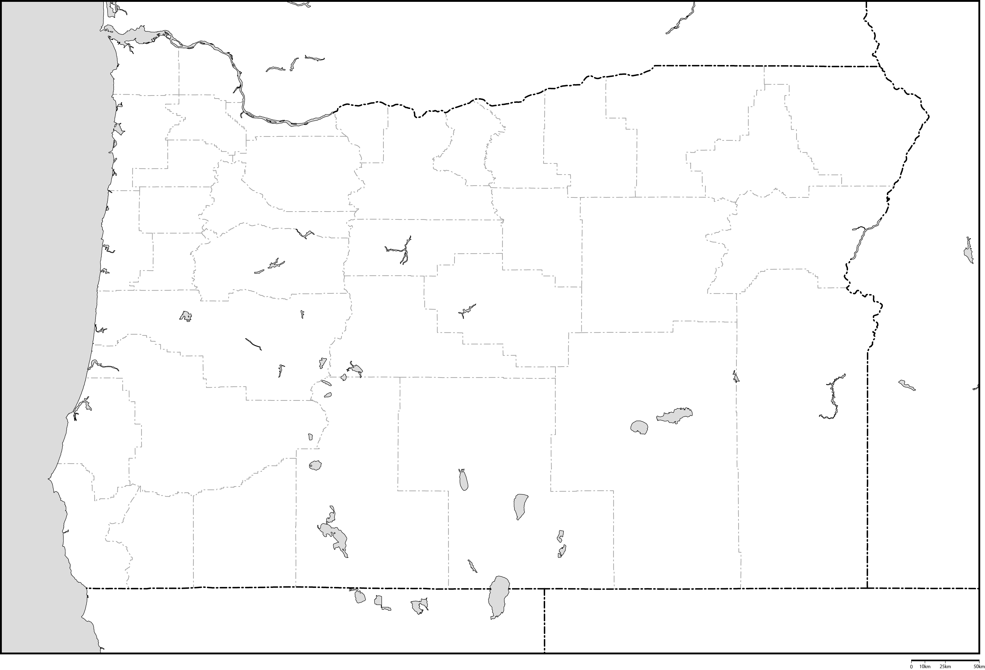 オレゴン州郡分け白地図フリーデータの画像