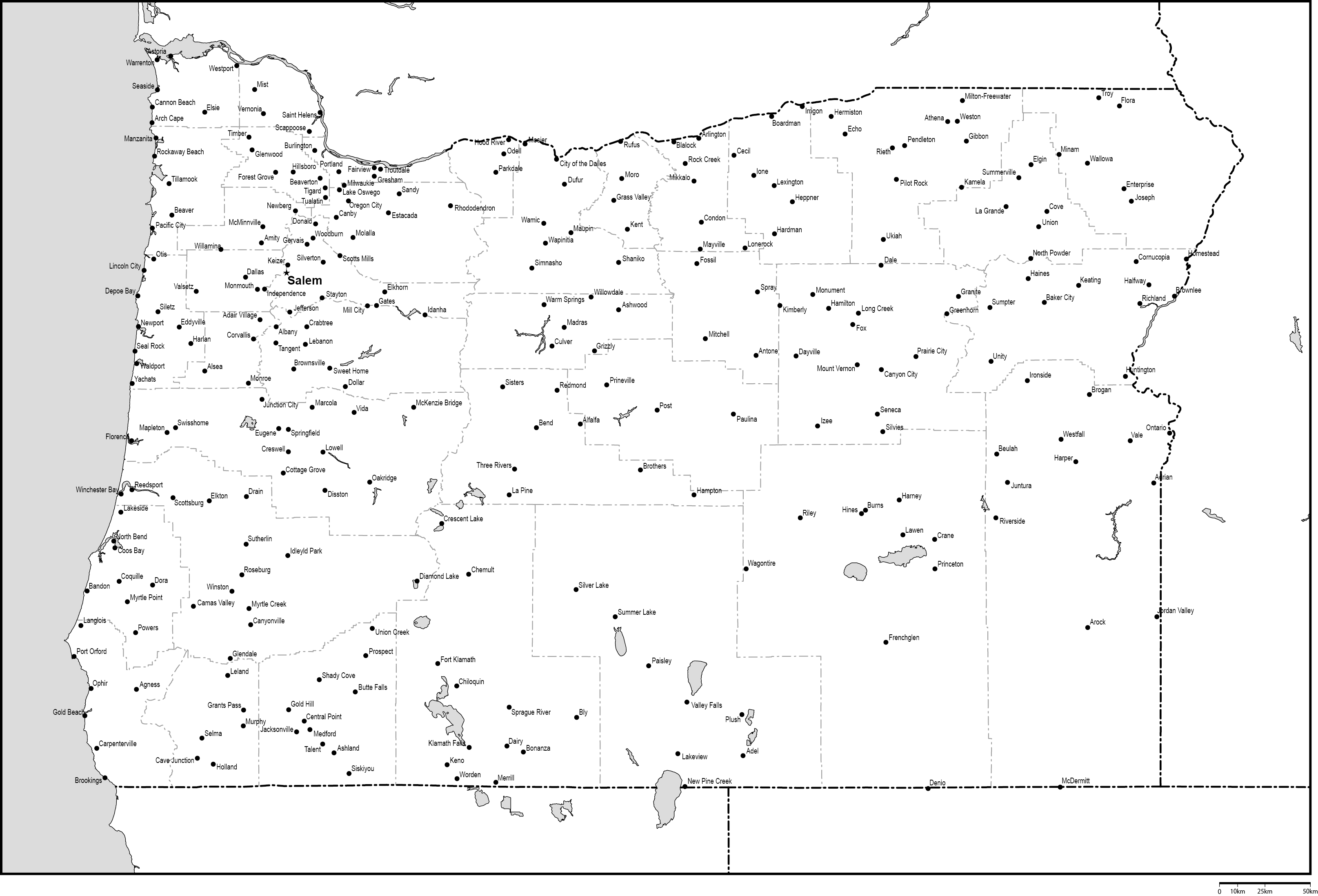 オレゴン州郡分け白地図州都・主な都市あり(英語)フリーデータの画像