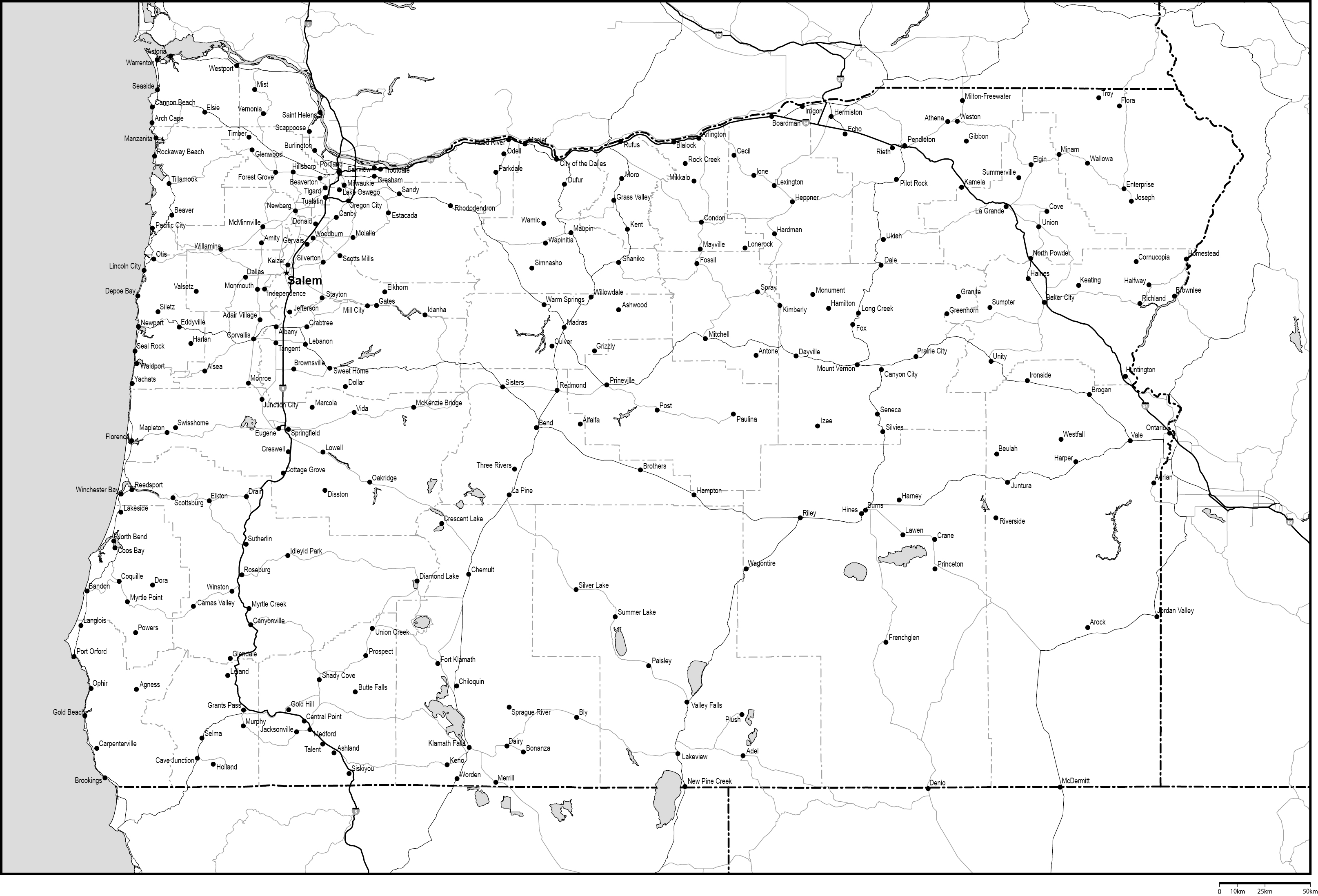 オレゴン州郡分け白地図州都・主な都市・道路あり(英語)フリーデータの画像