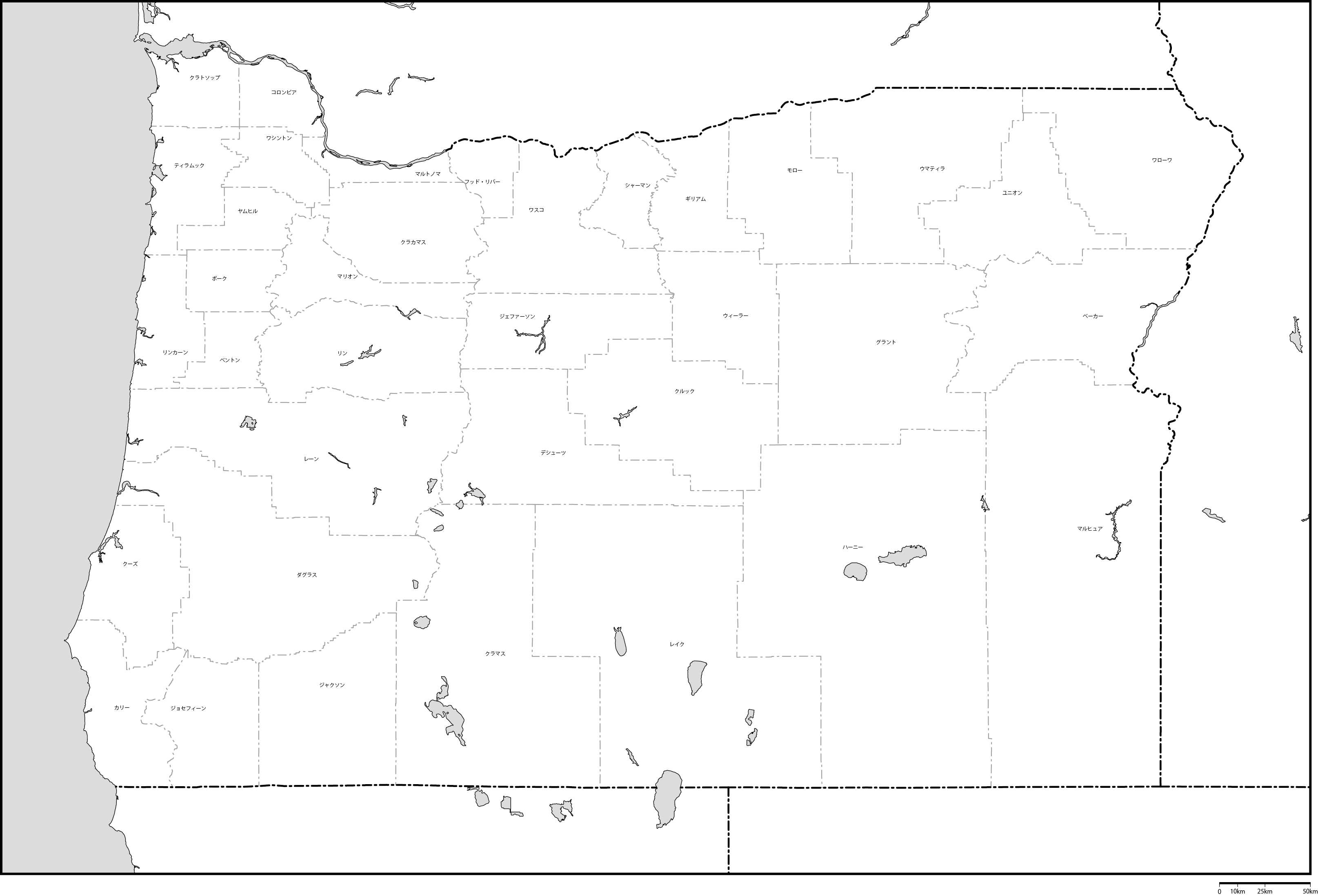 オレゴン州郡分け地図郡名あり(日本語)フリーデータの画像