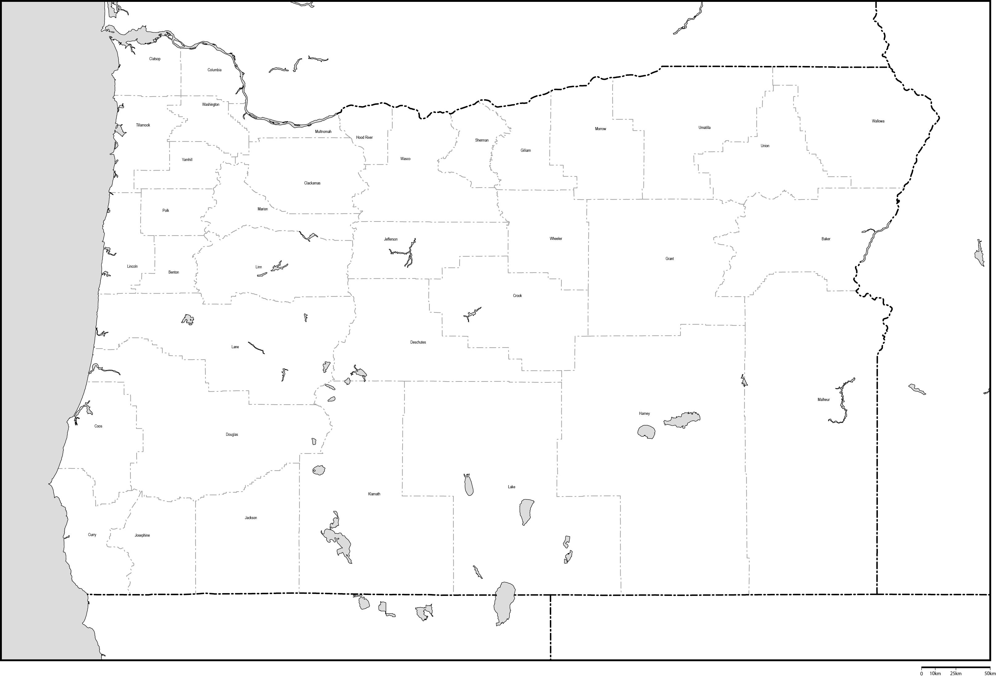 オレゴン州郡分け白地図郡名あり(英語)フリーデータの画像
