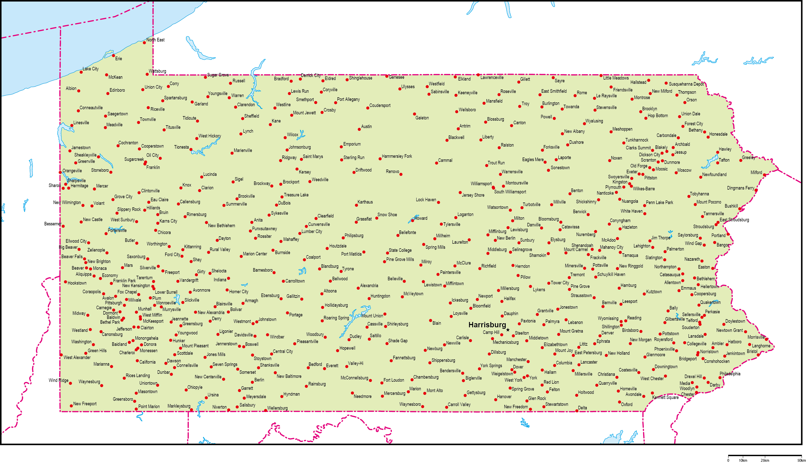 ペンシルベニア州地図州都・主な都市あり(英語)フリーデータの画像