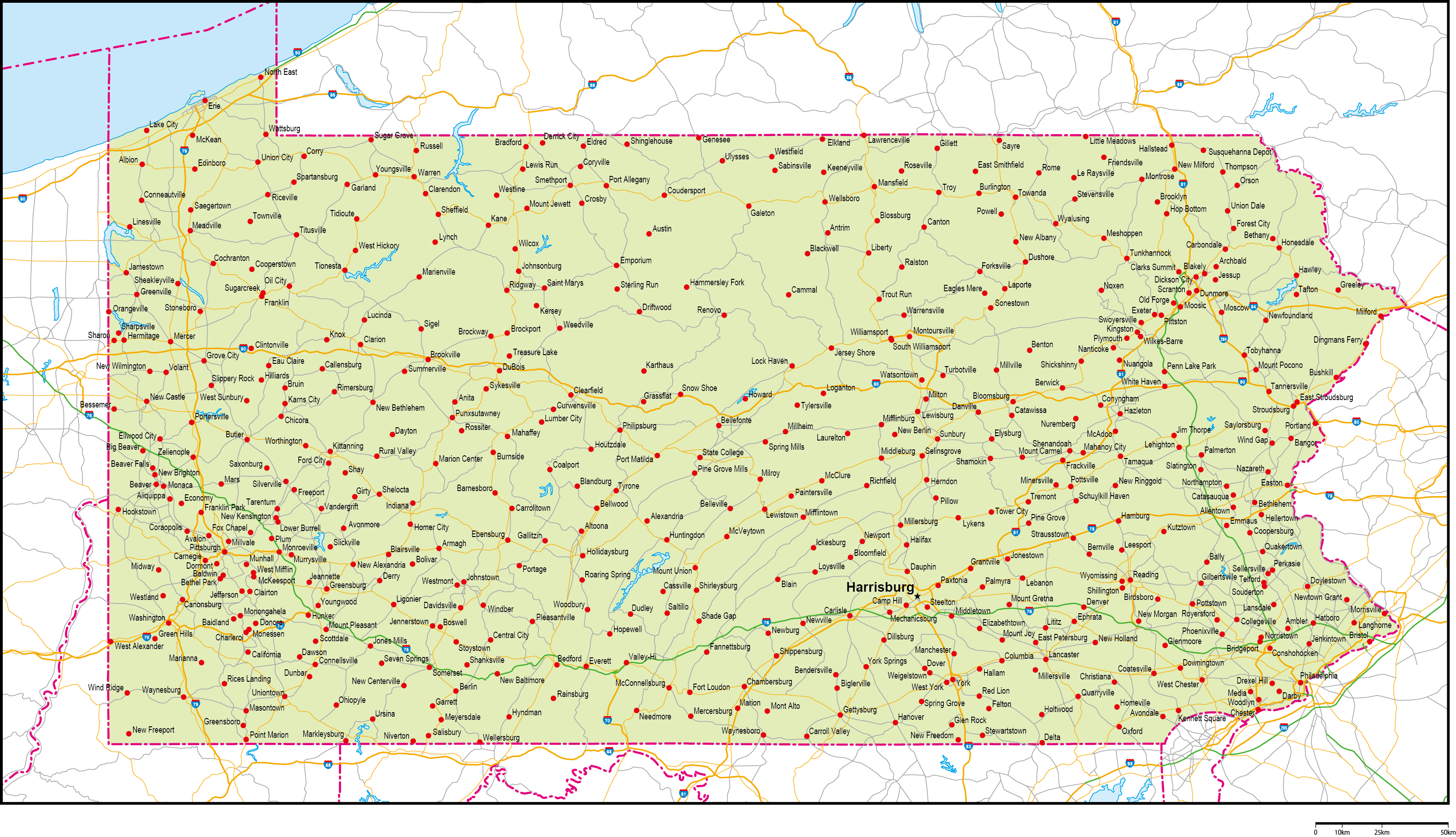 ペンシルベニア州地図州都・主な都市・道路あり(英語)フリーデータの画像