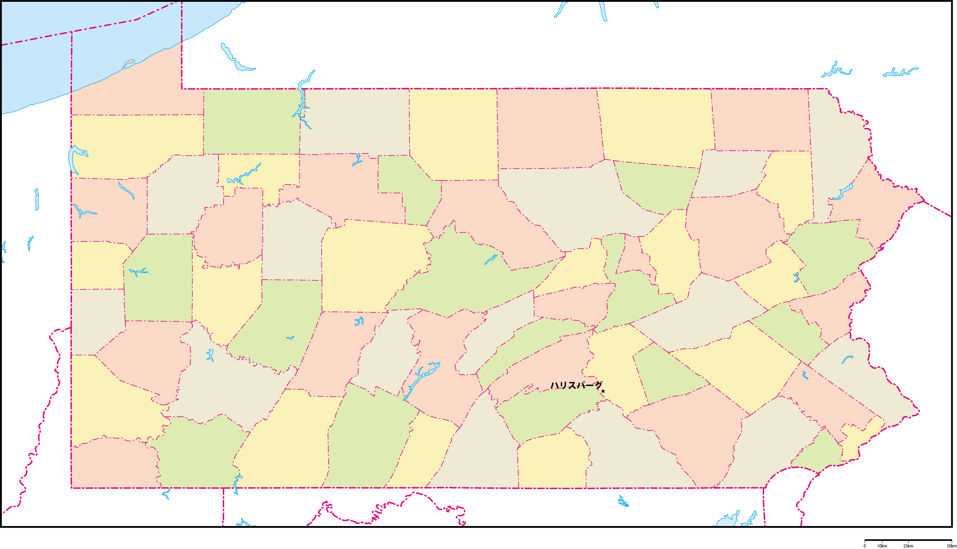 ペンシルベニア州郡色分け地図州都あり(日本語)フリーデータの画像