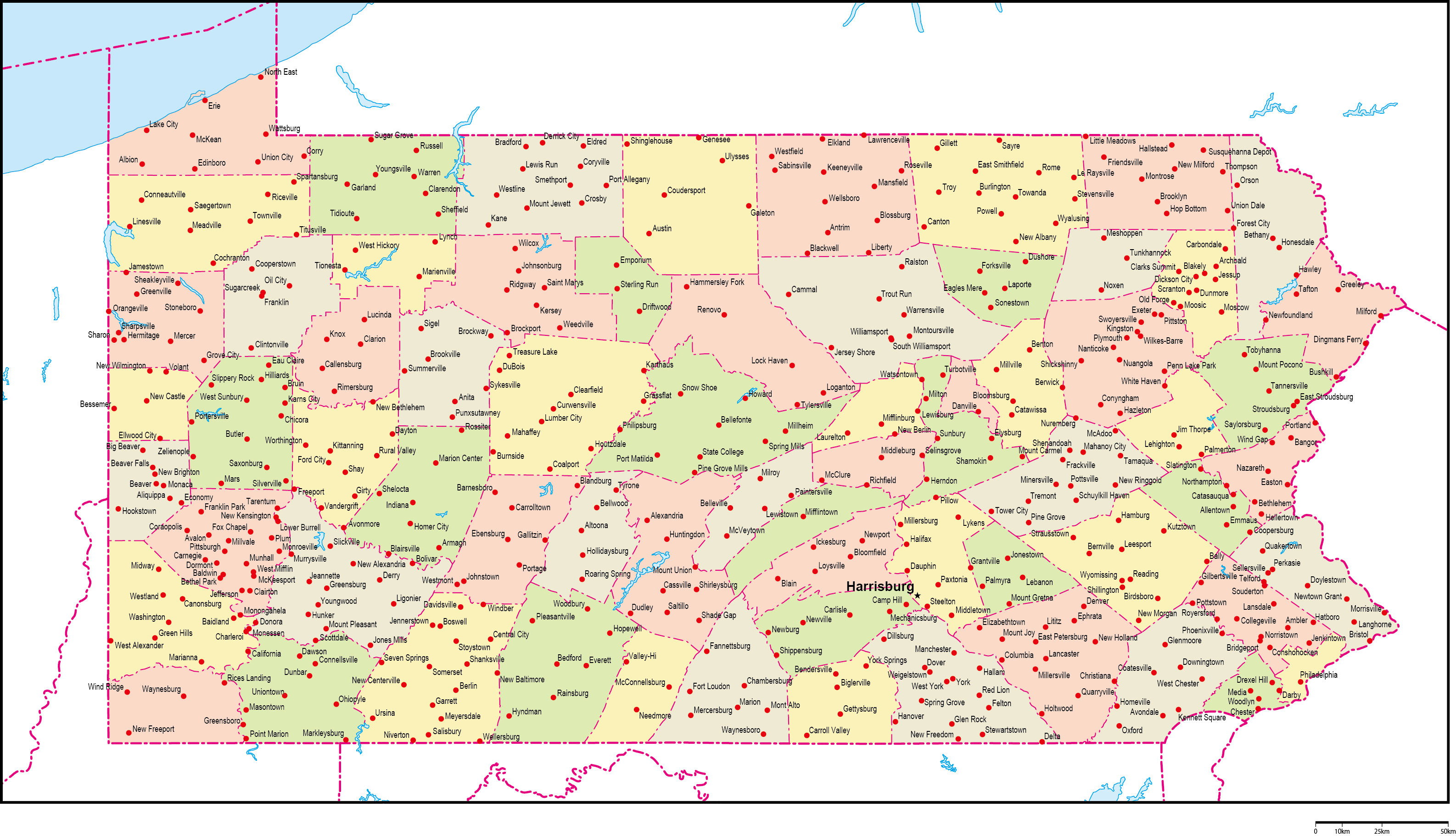 ペンシルベニア州郡色分け地図州都・主な都市あり(英語)フリーデータの画像