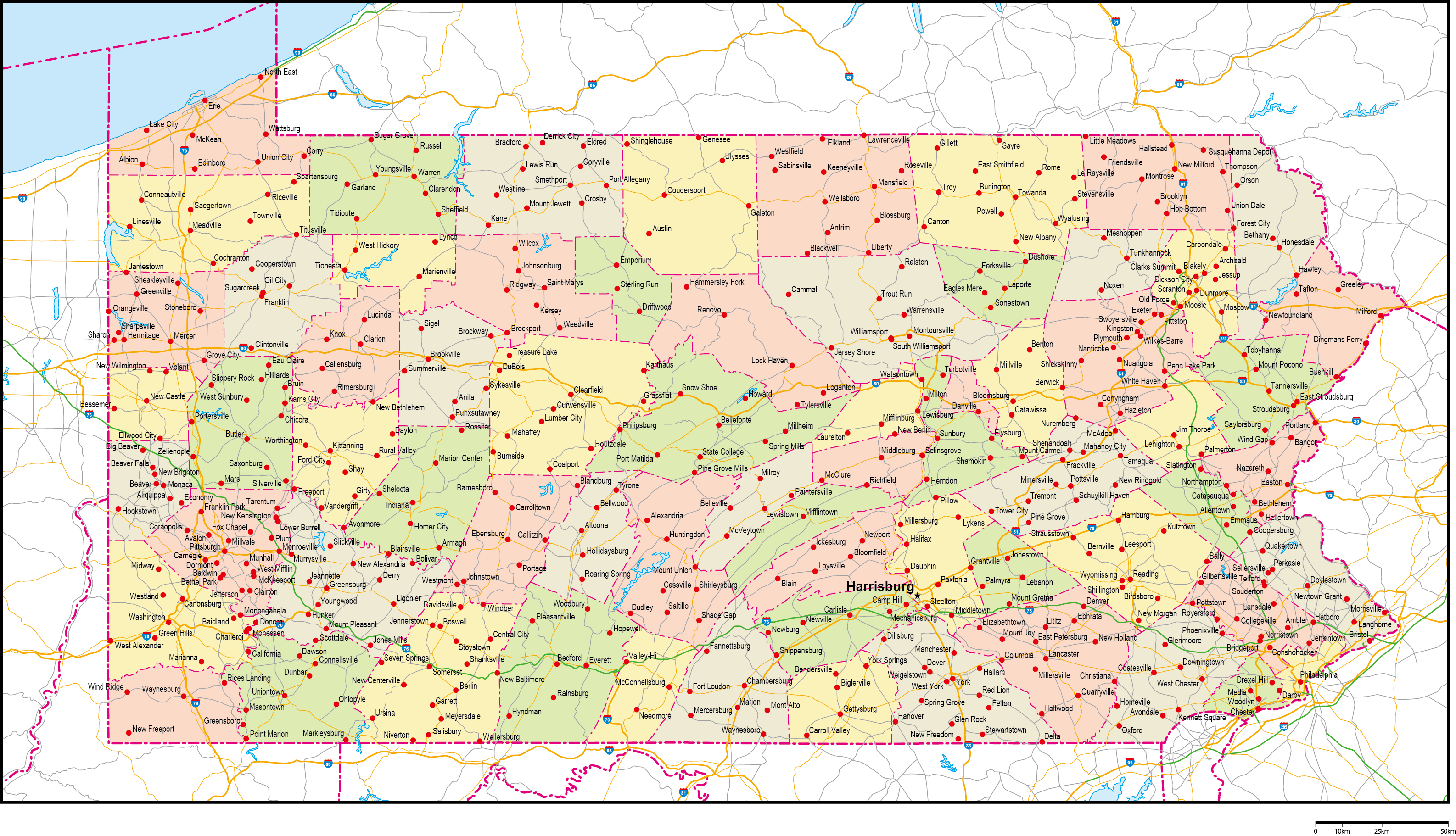 ペンシルベニア州郡色分け地図州都・主な都市・道路あり(英語)フリーデータの画像