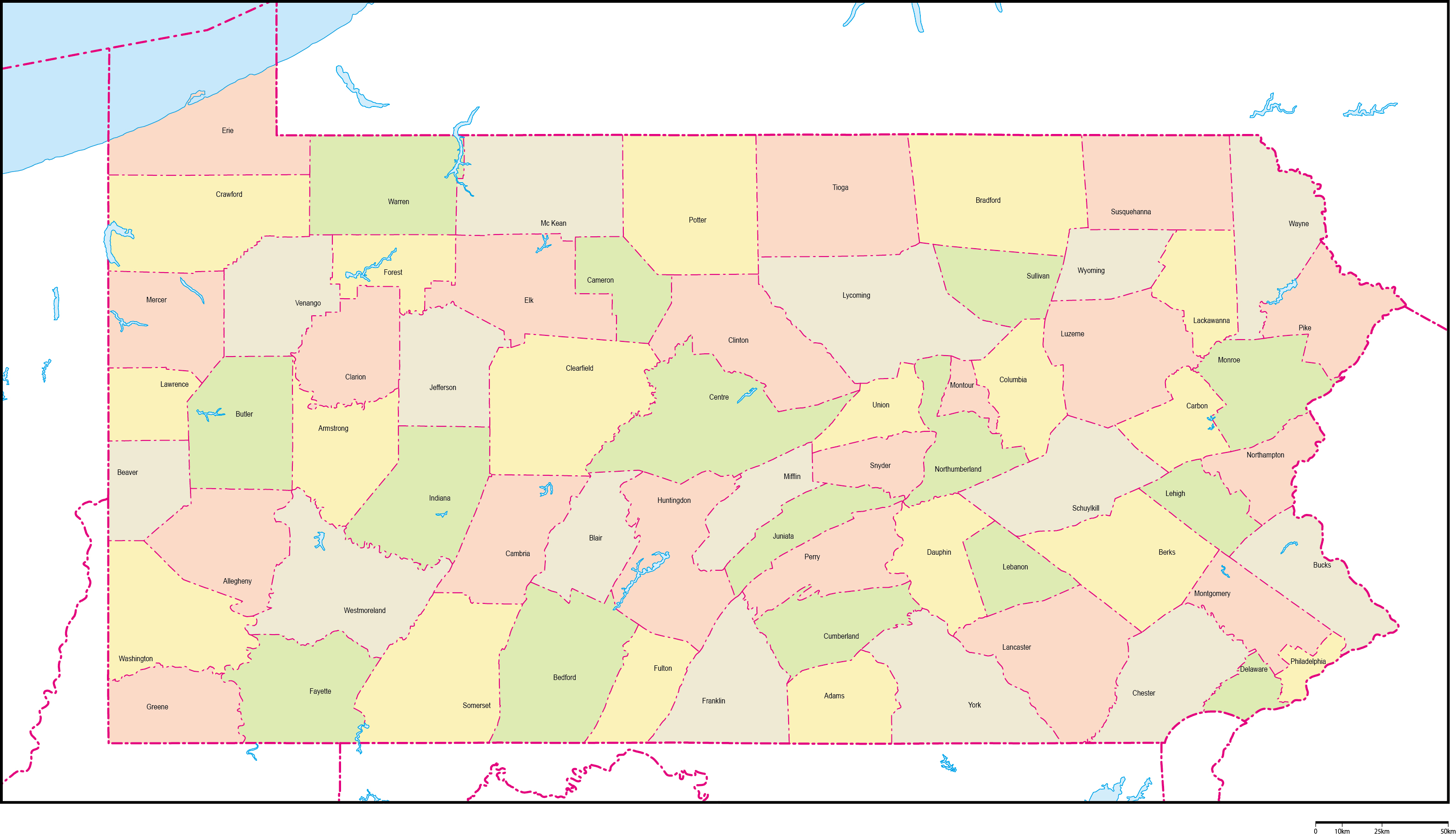 ペンシルベニア州郡色分け地図郡名あり(英語)フリーデータの画像
