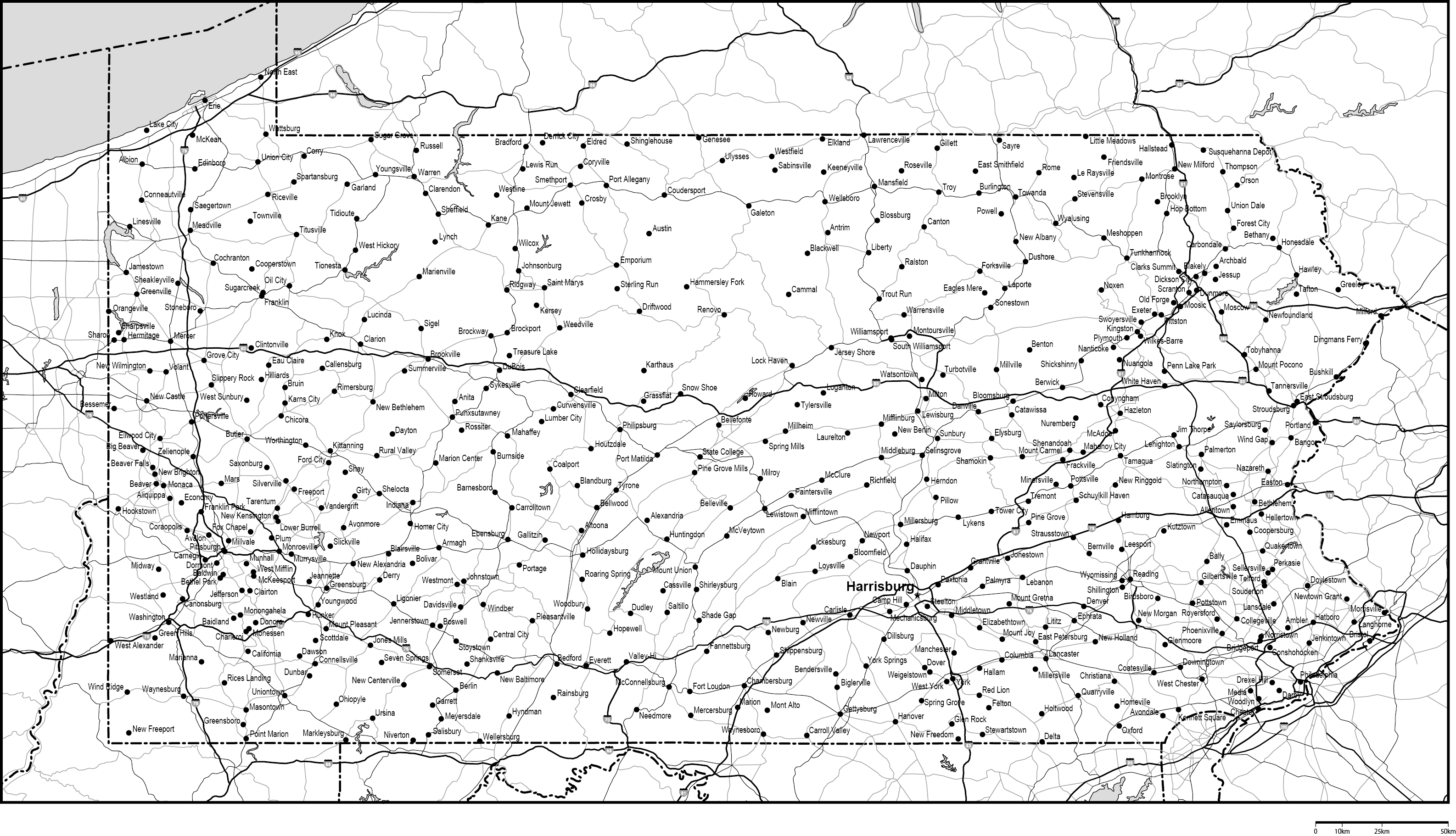 ペンシルベニア州白地図州都・主な都市・道路あり(英語)フリーデータの画像