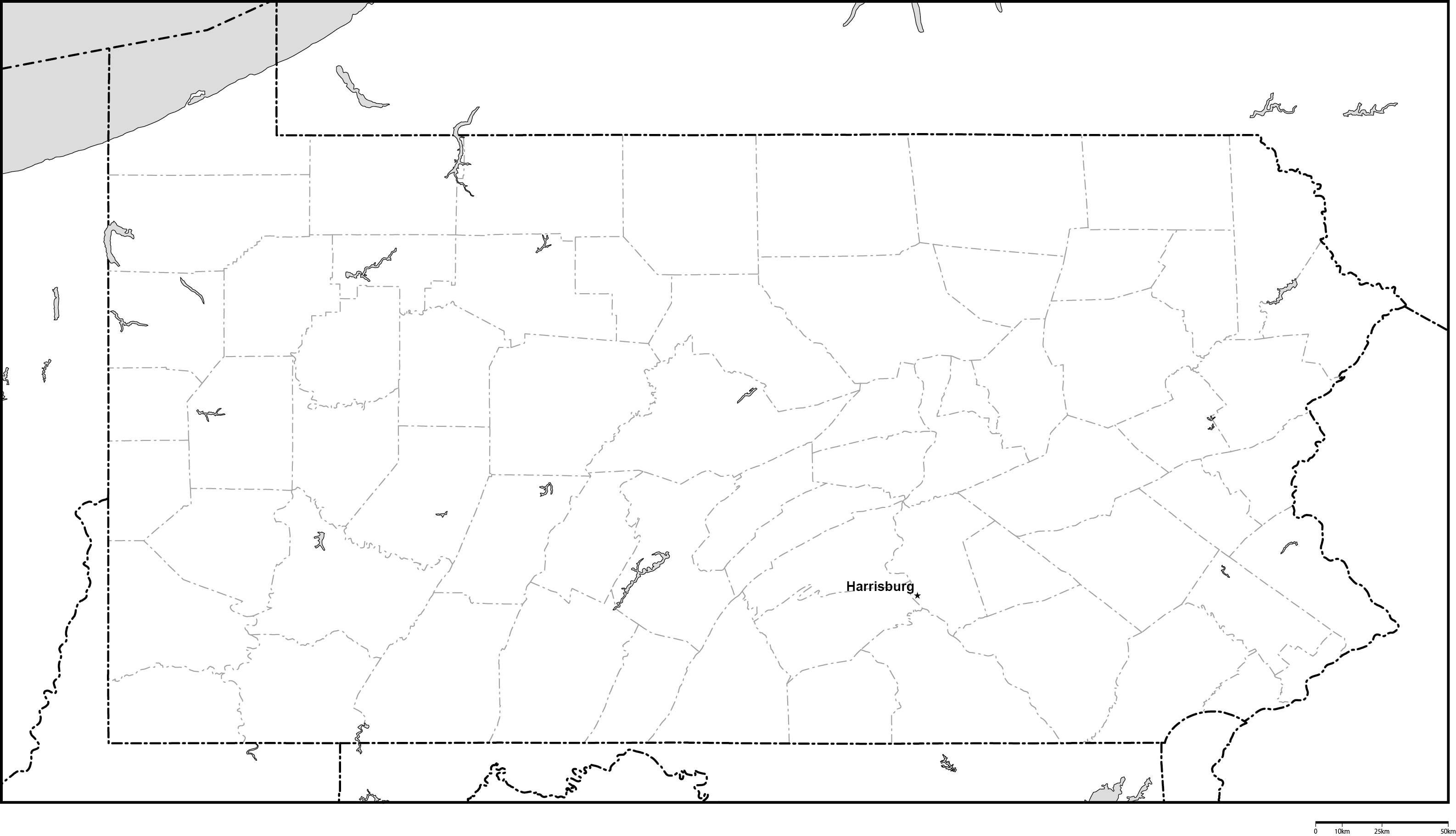 ペンシルベニア州郡分け白地図州都あり(英語)フリーデータの画像