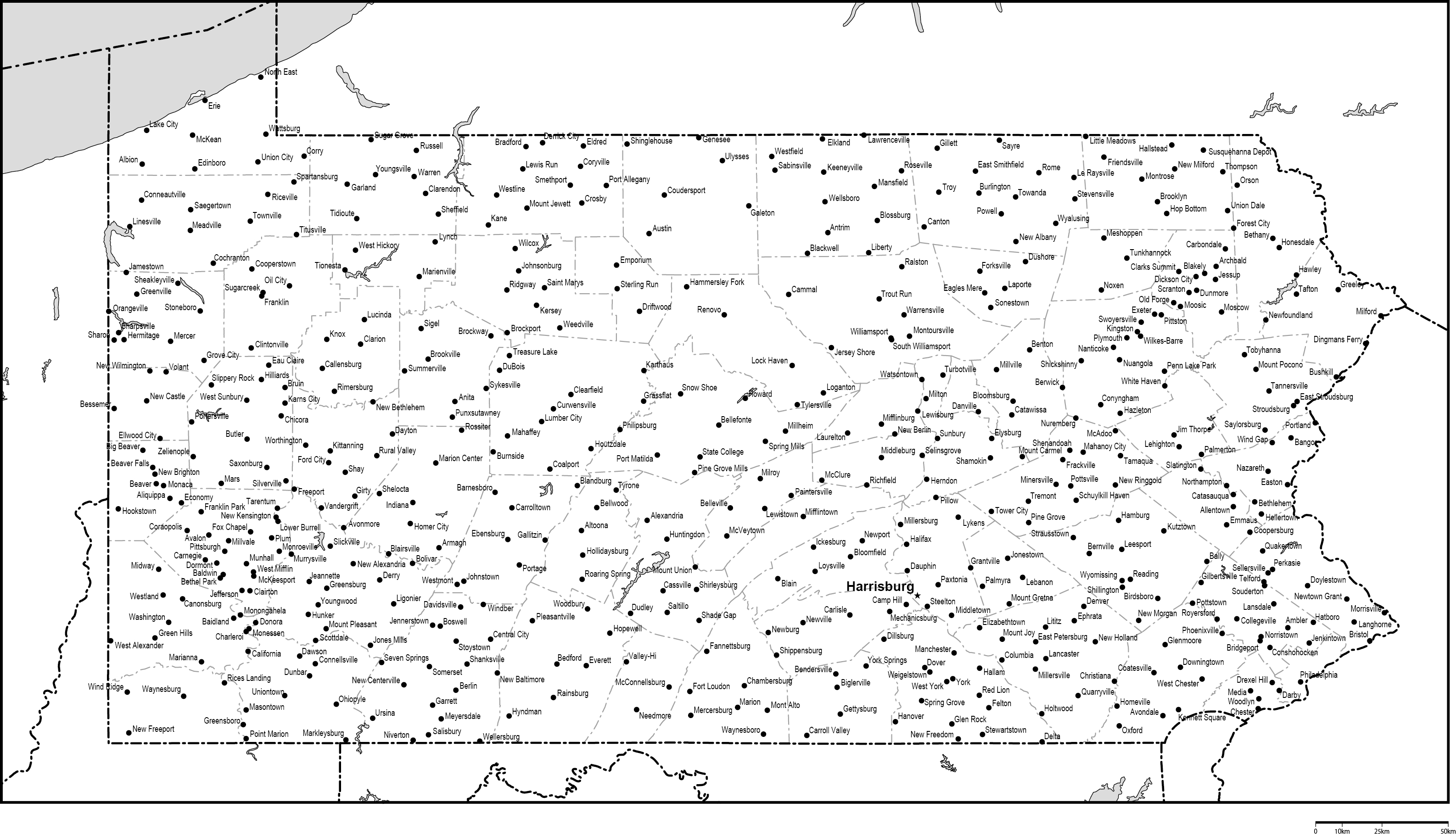 ペンシルベニア州郡分け白地図州都・主な都市あり(英語)フリーデータの画像