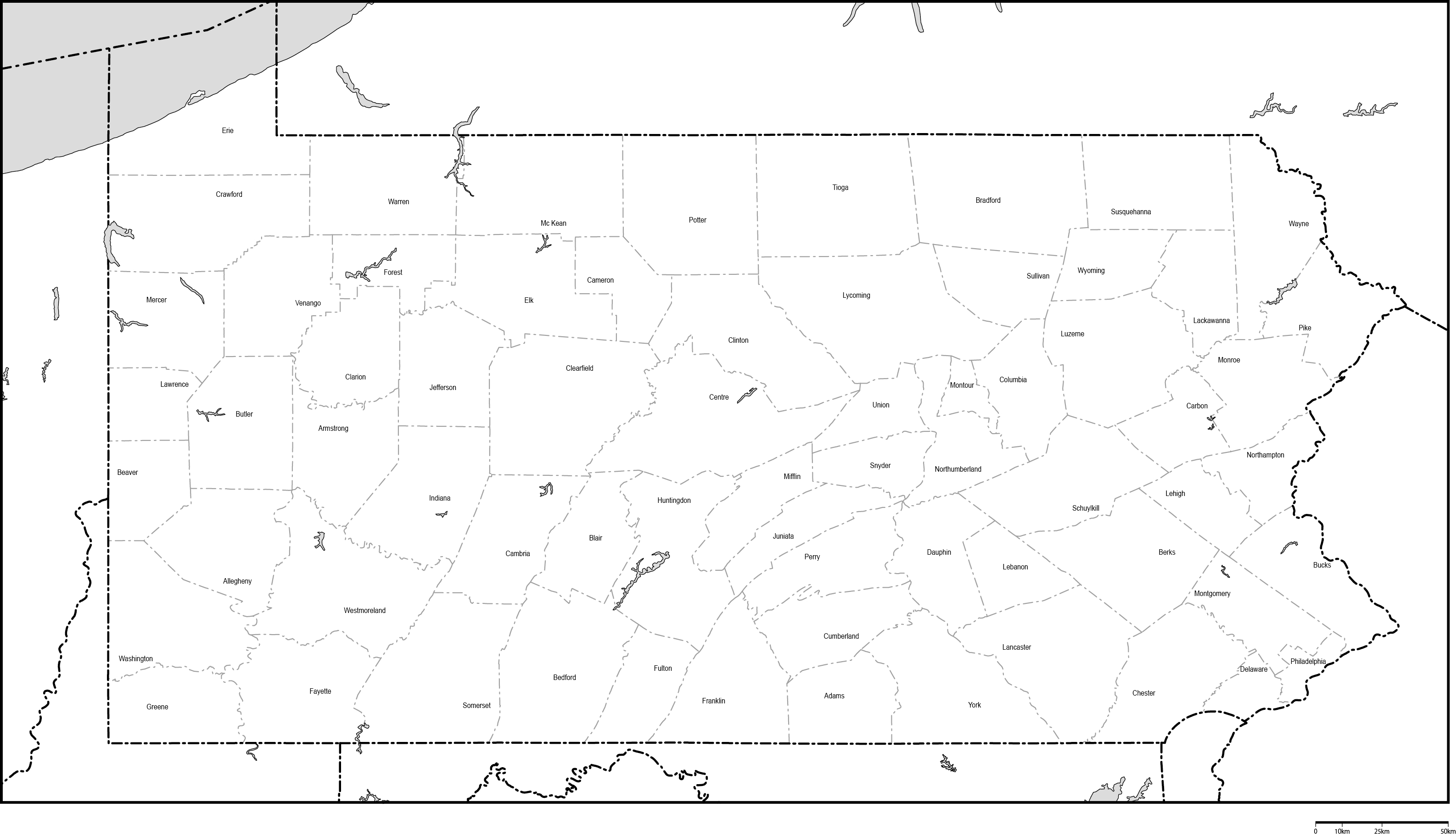 ペンシルベニア州郡分け白地図郡名あり(英語)フリーデータの画像