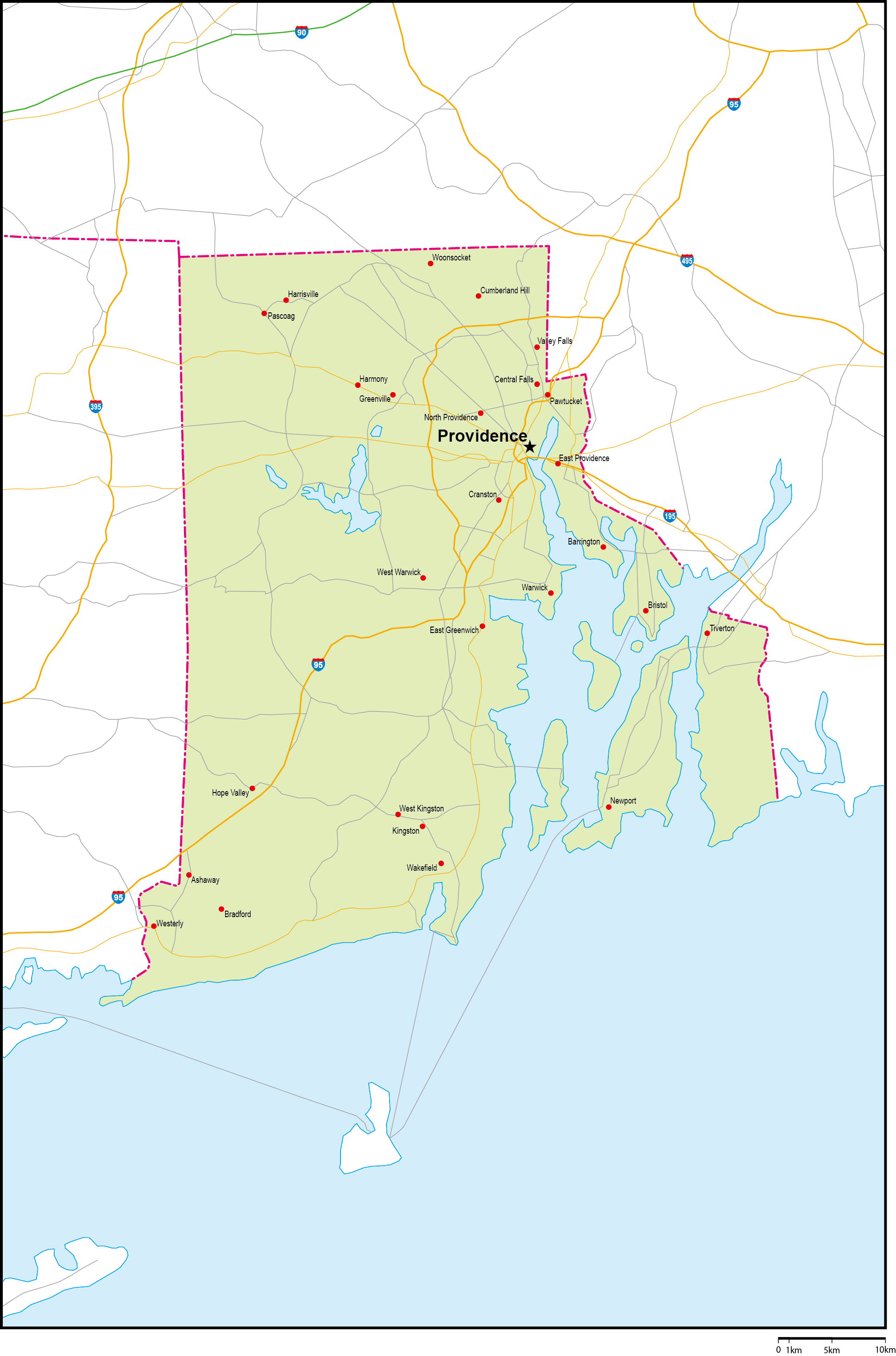 ロードアイランド州地図州都・主な都市・道路あり(英語)フリーデータの画像