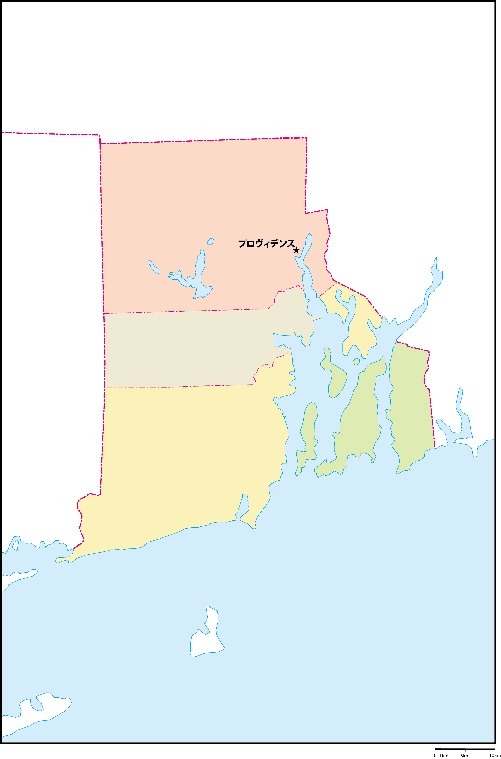 ロードアイランド州郡色分け地図州都あり(日本語)フリーデータの画像