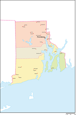 ロードアイランド州郡色分け地図州都・主な都市あり(英語)