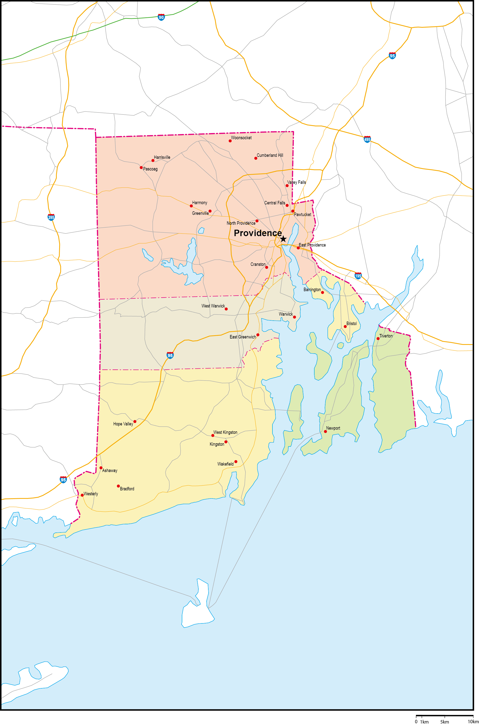 ロードアイランド州郡色分け地図州都・主な都市・道路あり(英語)フリーデータの画像