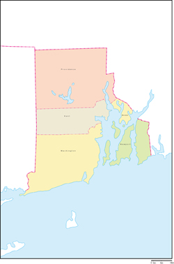 ロードアイランド州郡色分け地図郡名あり(英語)