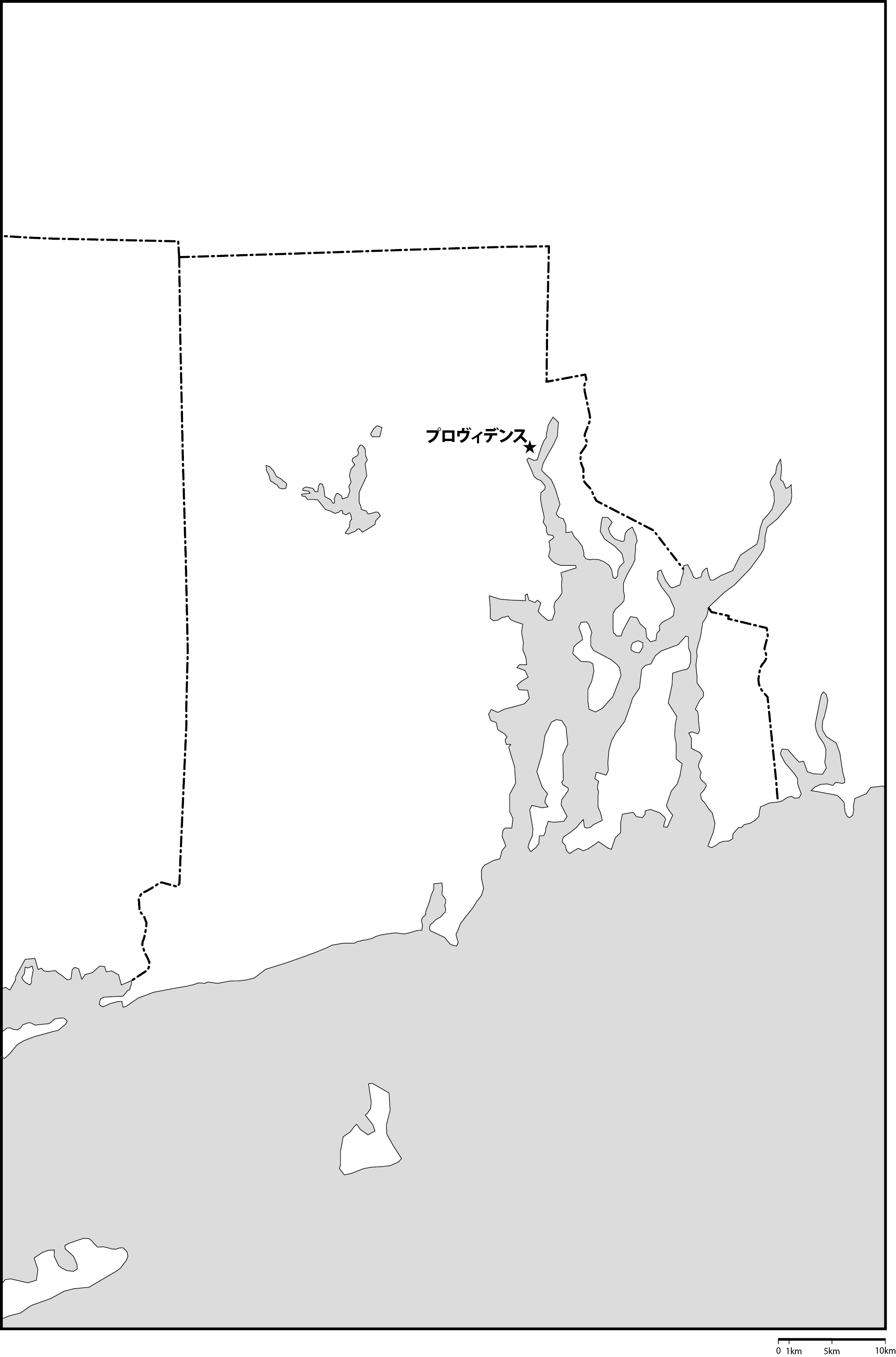 ロードアイランド州白地図州都あり(日本語)フリーデータの画像