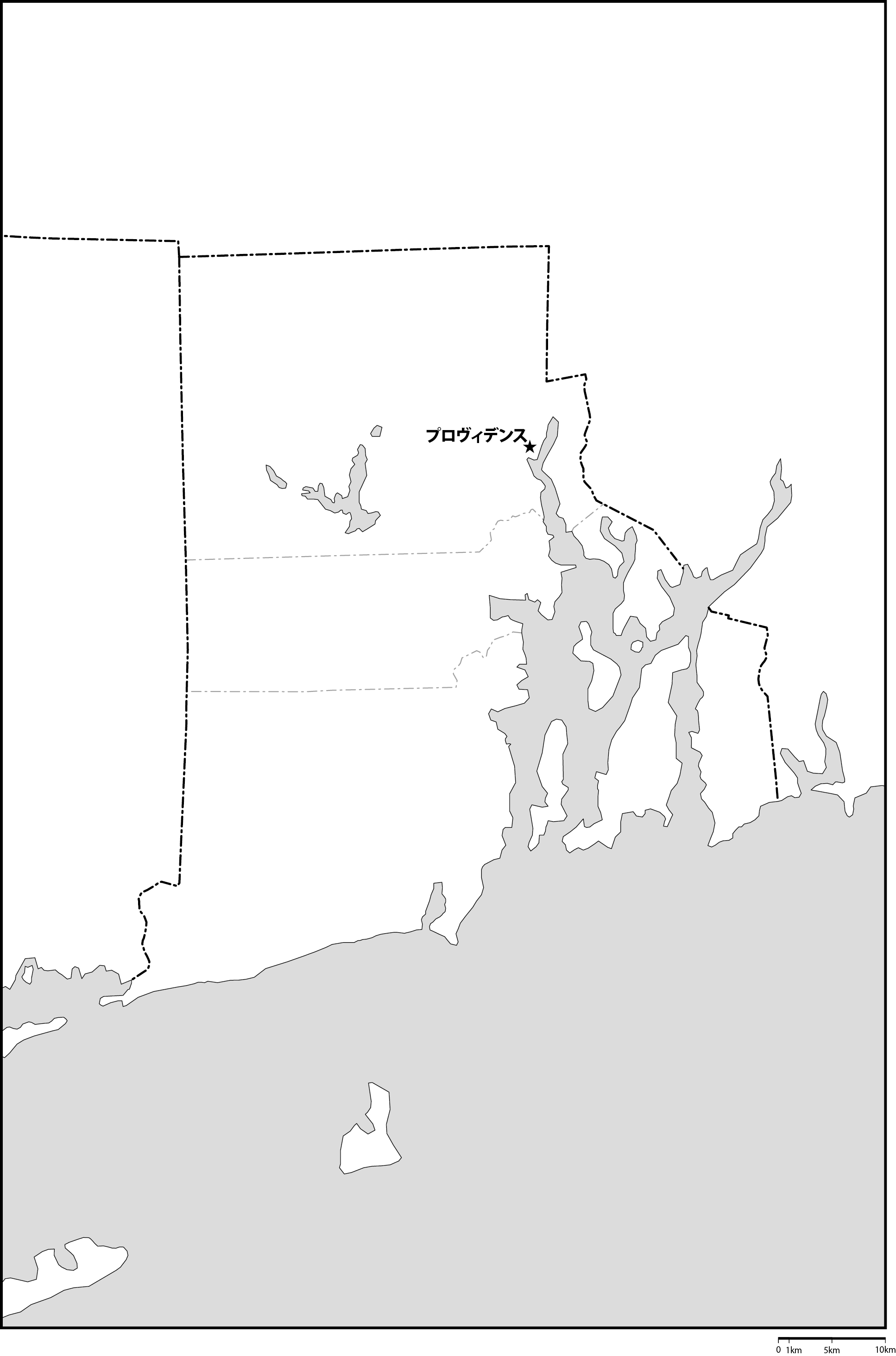 ロードアイランド州郡分け白地図州都あり(日本語)フリーデータの画像