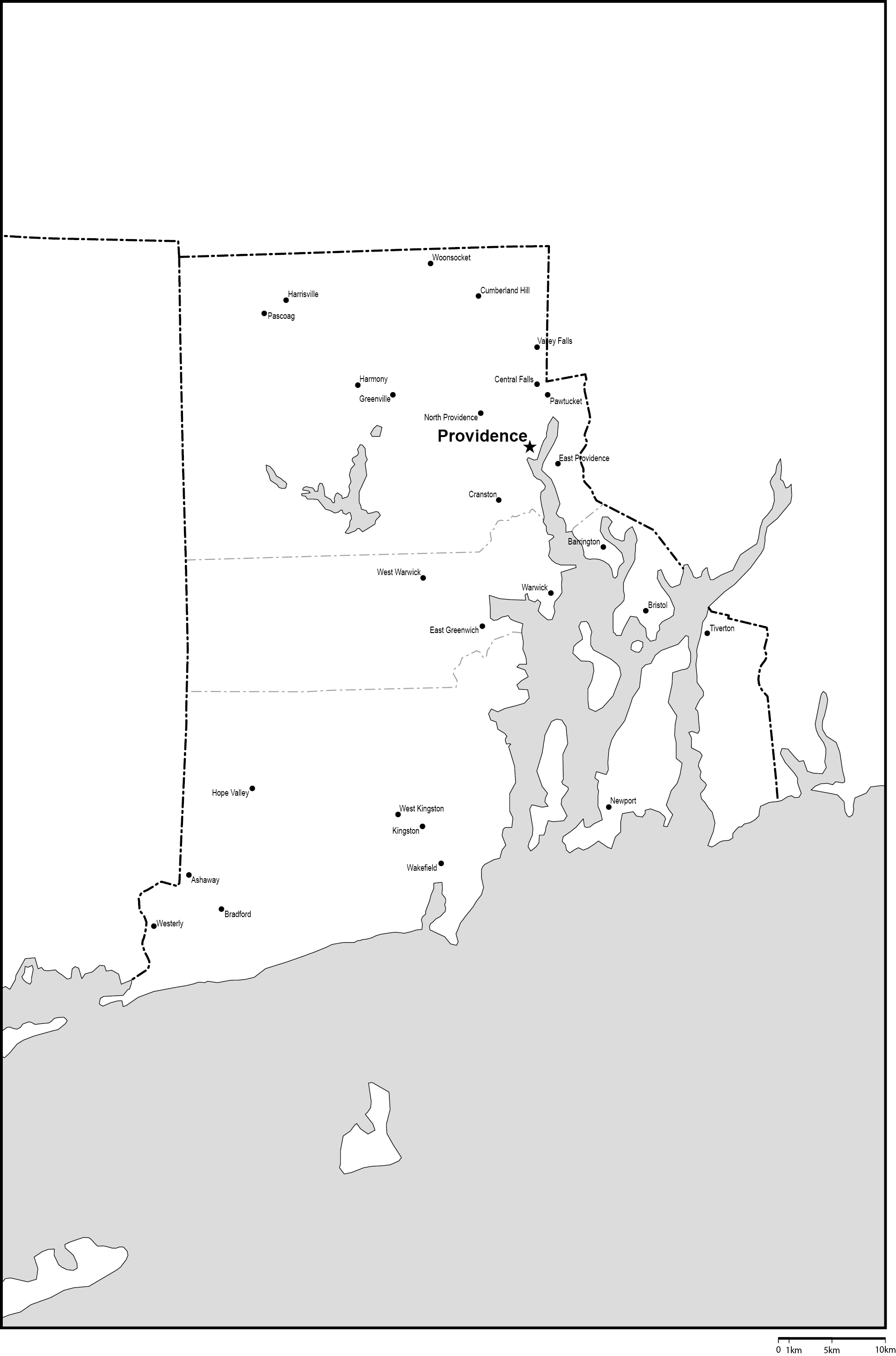 ロードアイランド州郡分け白地図州都・主な都市あり(英語)フリーデータの画像
