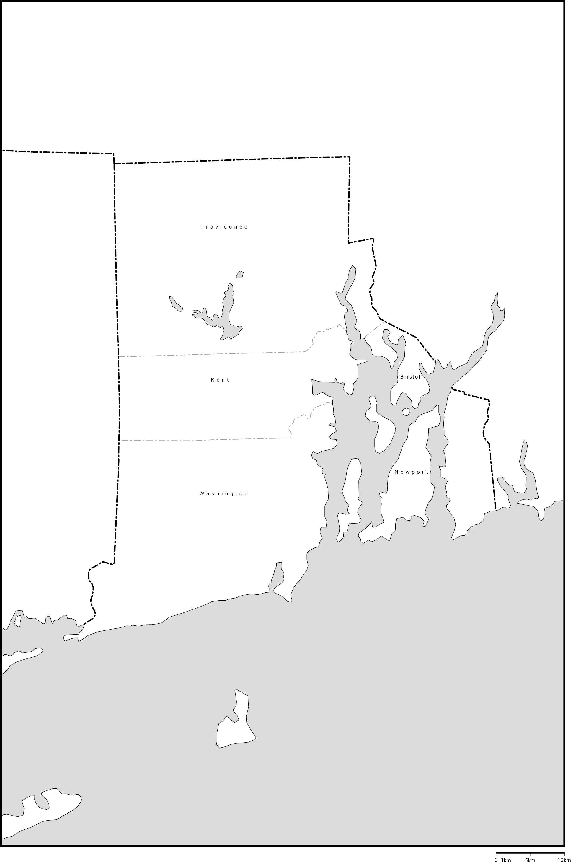ロードアイランド州郡分け白地図郡名あり(英語)フリーデータの画像