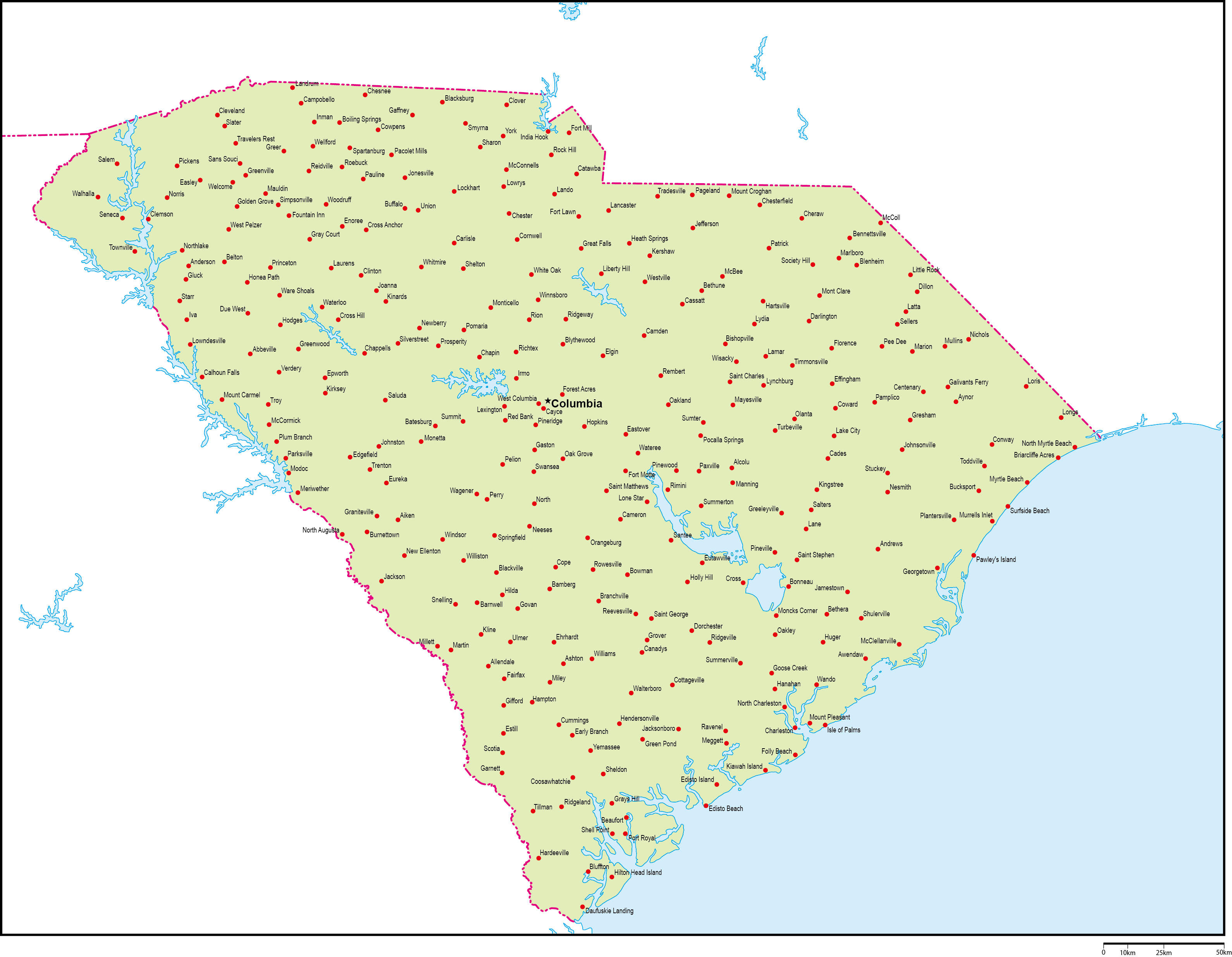 サウスカロライナ州地図州都・主な都市あり(英語)フリーデータの画像