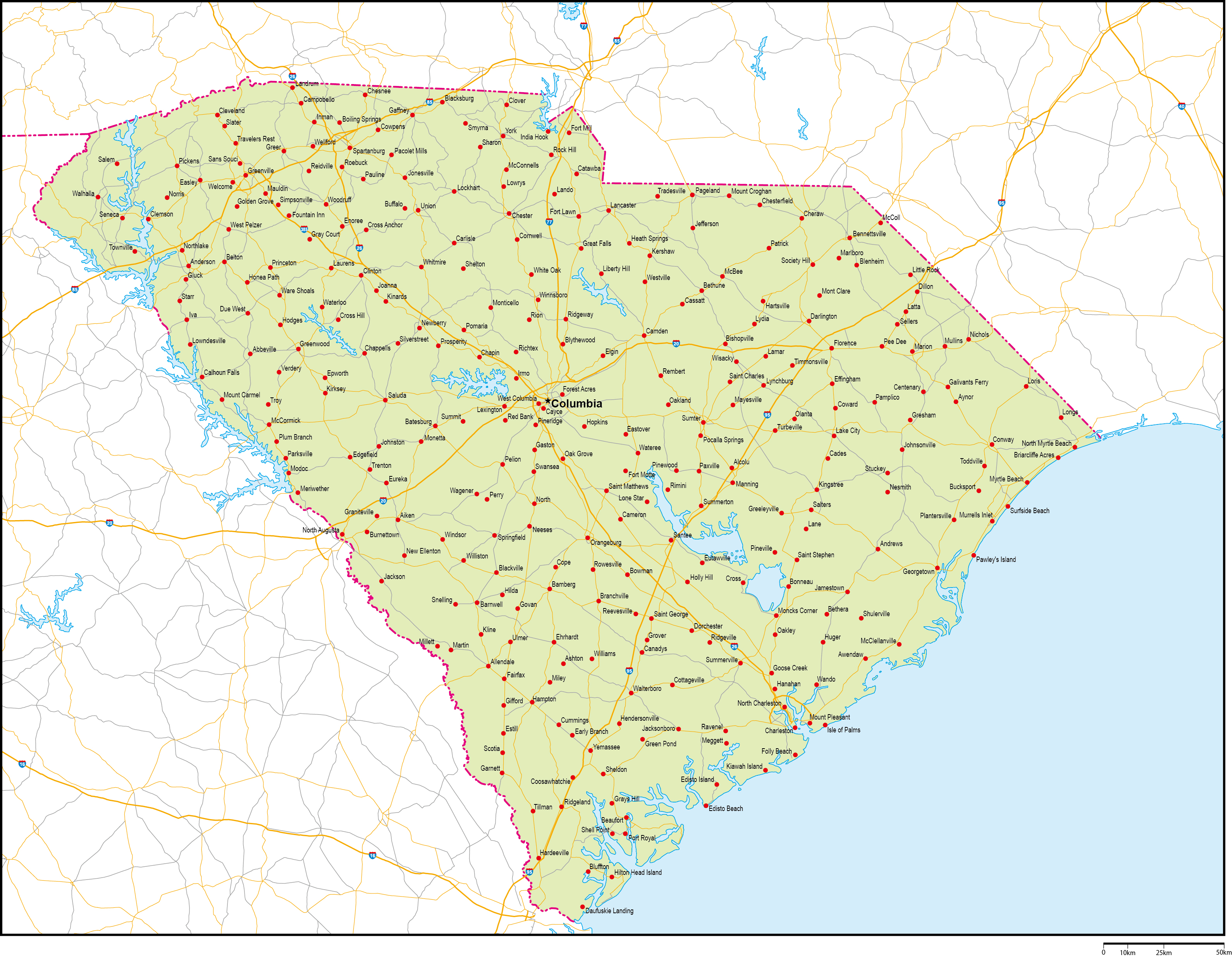 サウスカロライナ州地図州都・主な都市・道路あり(英語)フリーデータの画像