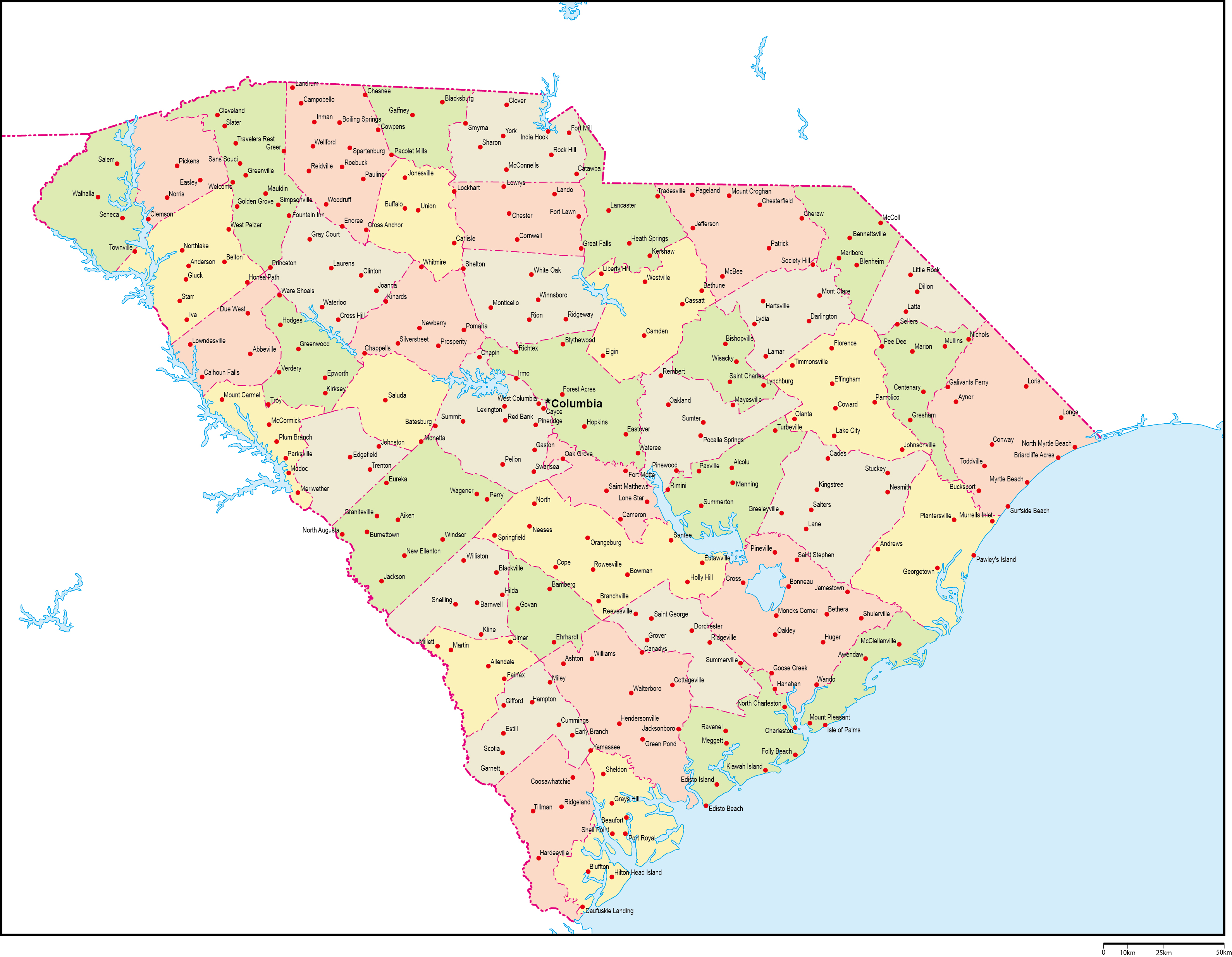 サウスカロライナ州郡色分け地図州都・主な都市あり(英語)フリーデータの画像