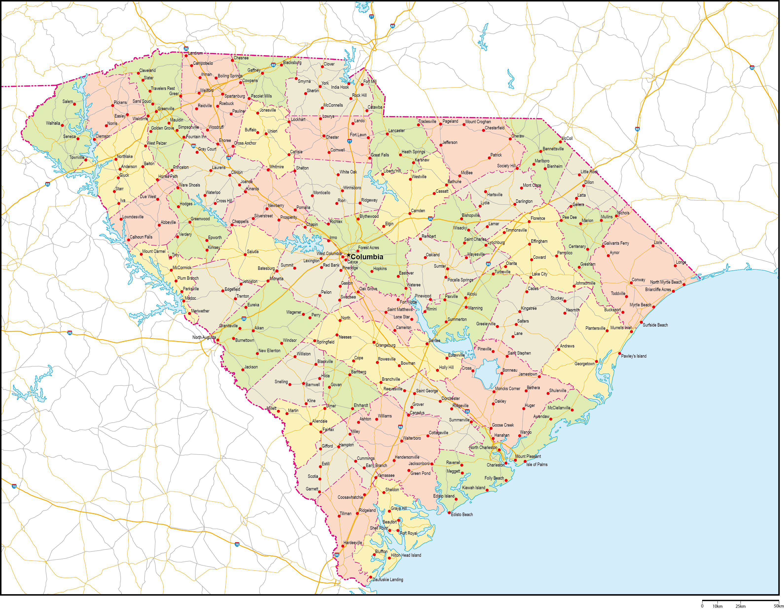 サウスカロライナ州郡色分け地図州都・主な都市・道路あり(英語)フリーデータの画像
