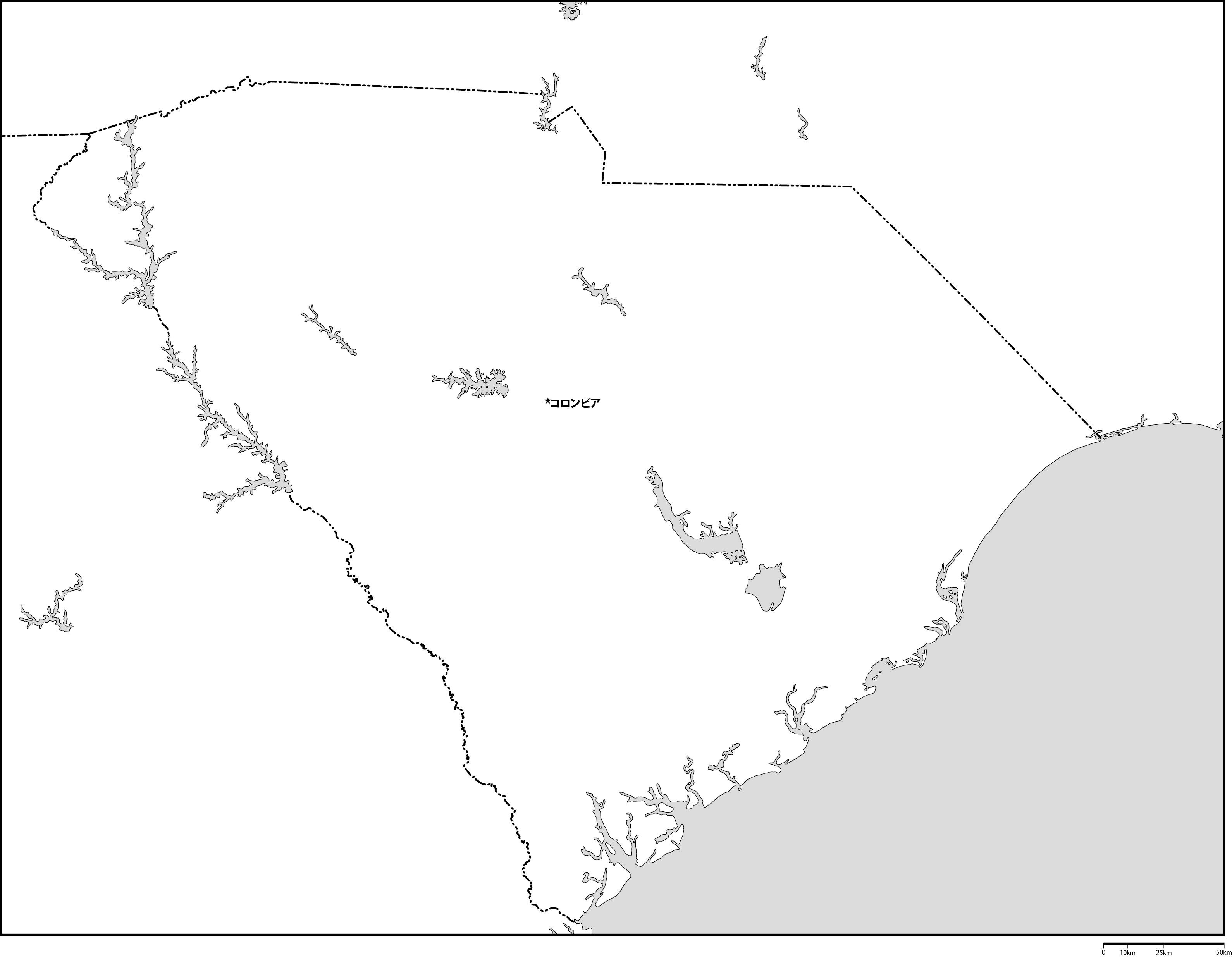 サウスカロライナ州白地図州都あり(日本語)フリーデータの画像