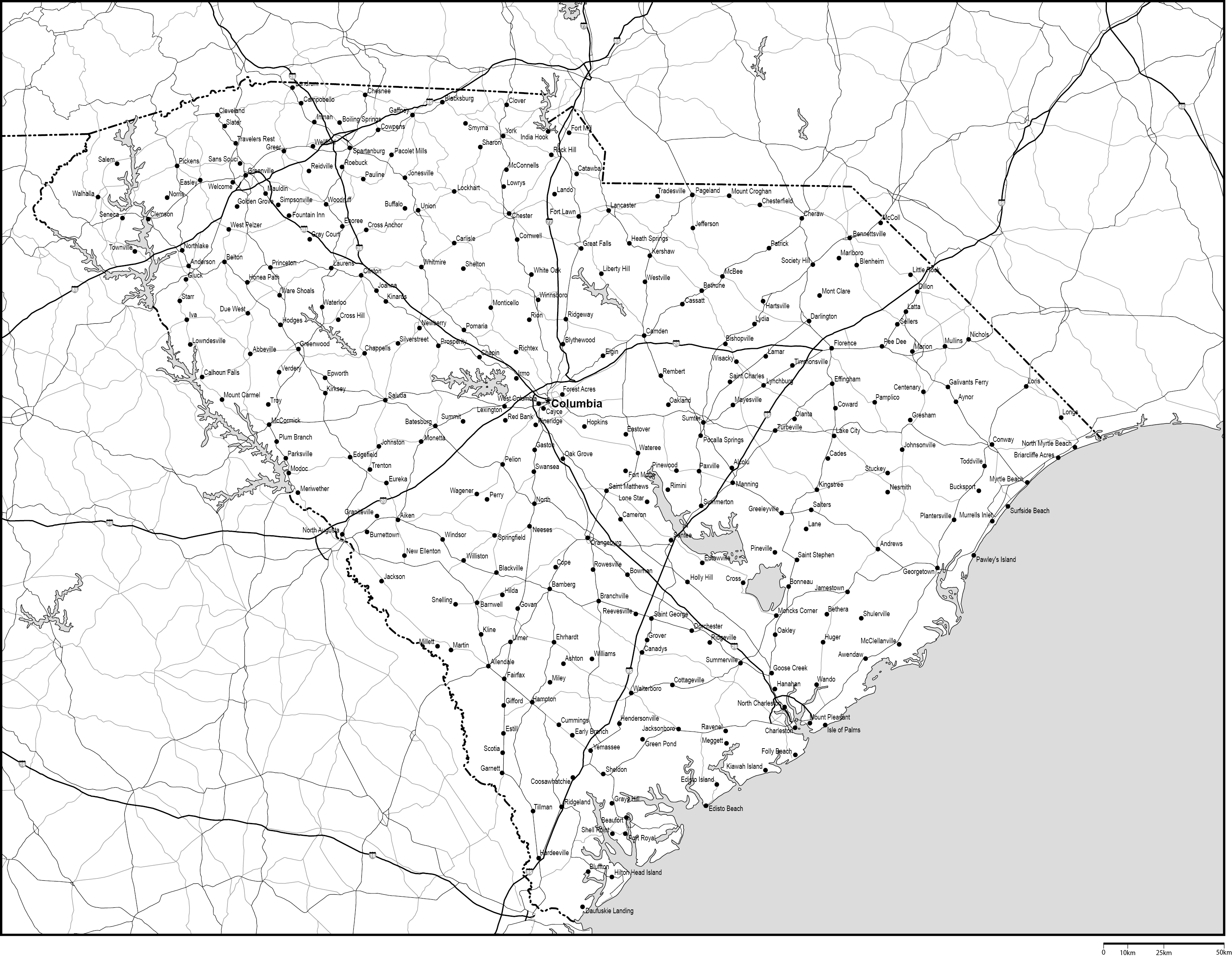 サウスカロライナ州白地図州都・主な都市・道路あり(英語)フリーデータの画像