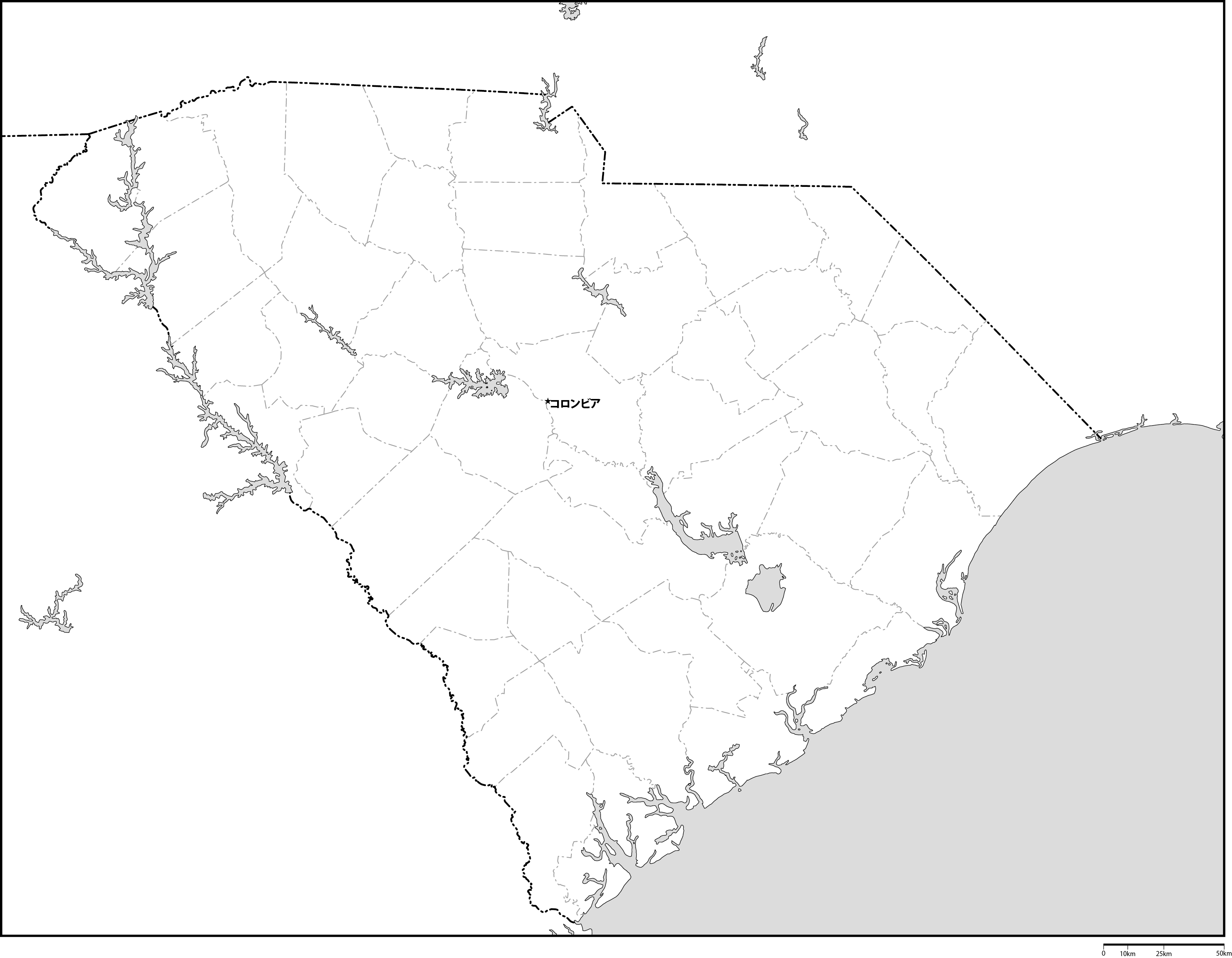 サウスカロライナ州郡分け白地図州都あり(日本語)フリーデータの画像