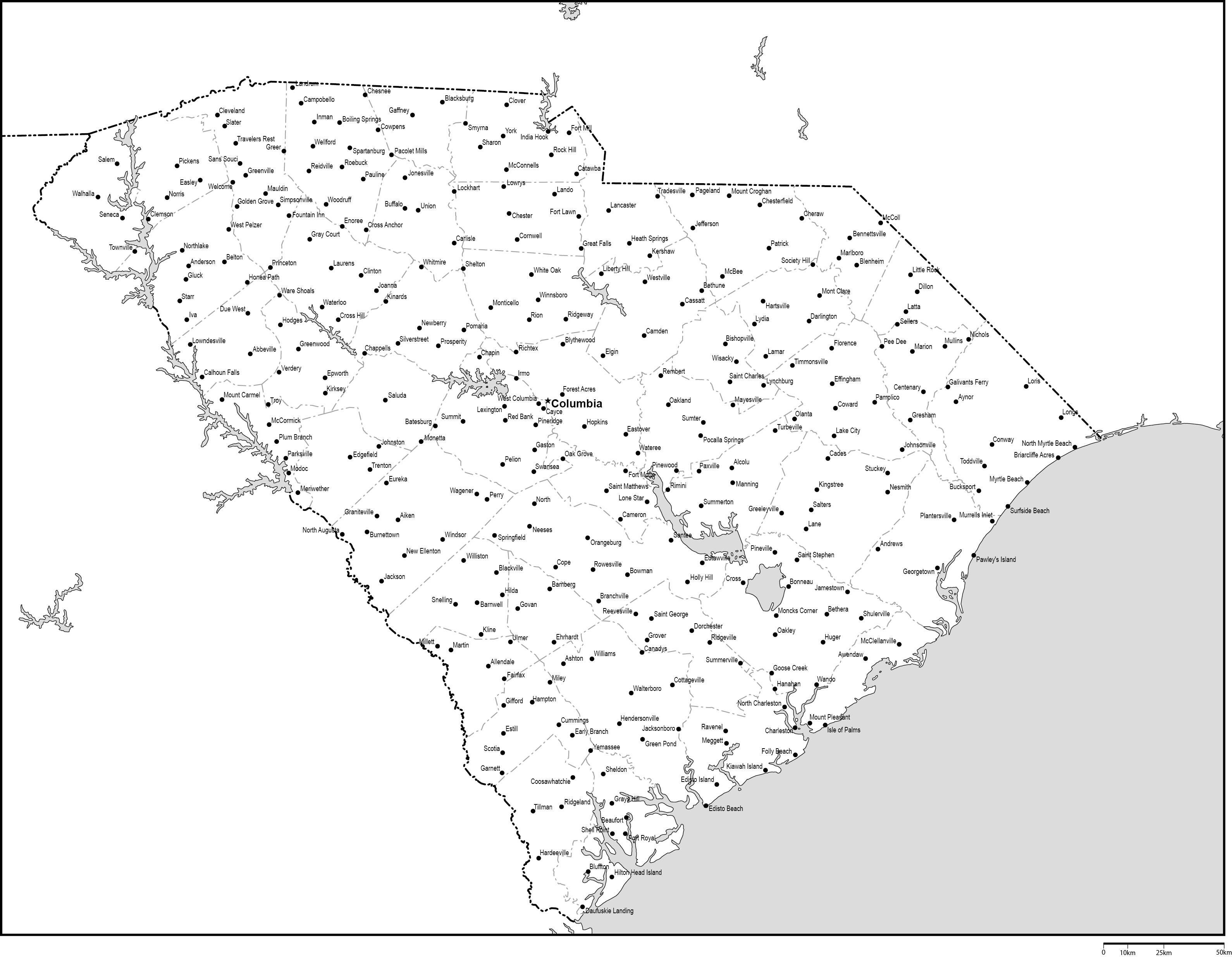 サウスカロライナ州郡分け白地図州都・主な都市あり(英語)フリーデータの画像