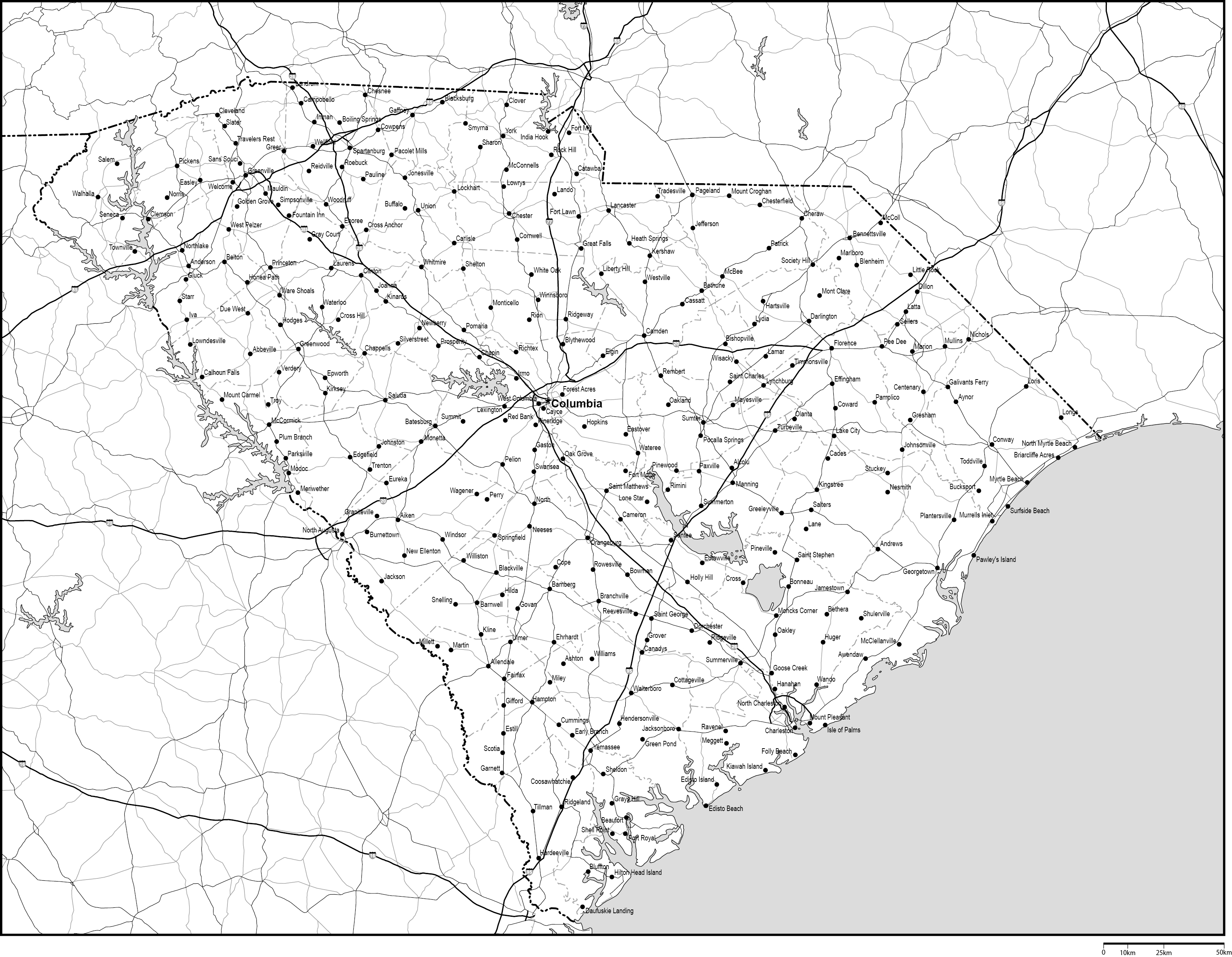 サウスカロライナ州郡分け白地図州都・主な都市・道路あり(英語)フリーデータの画像