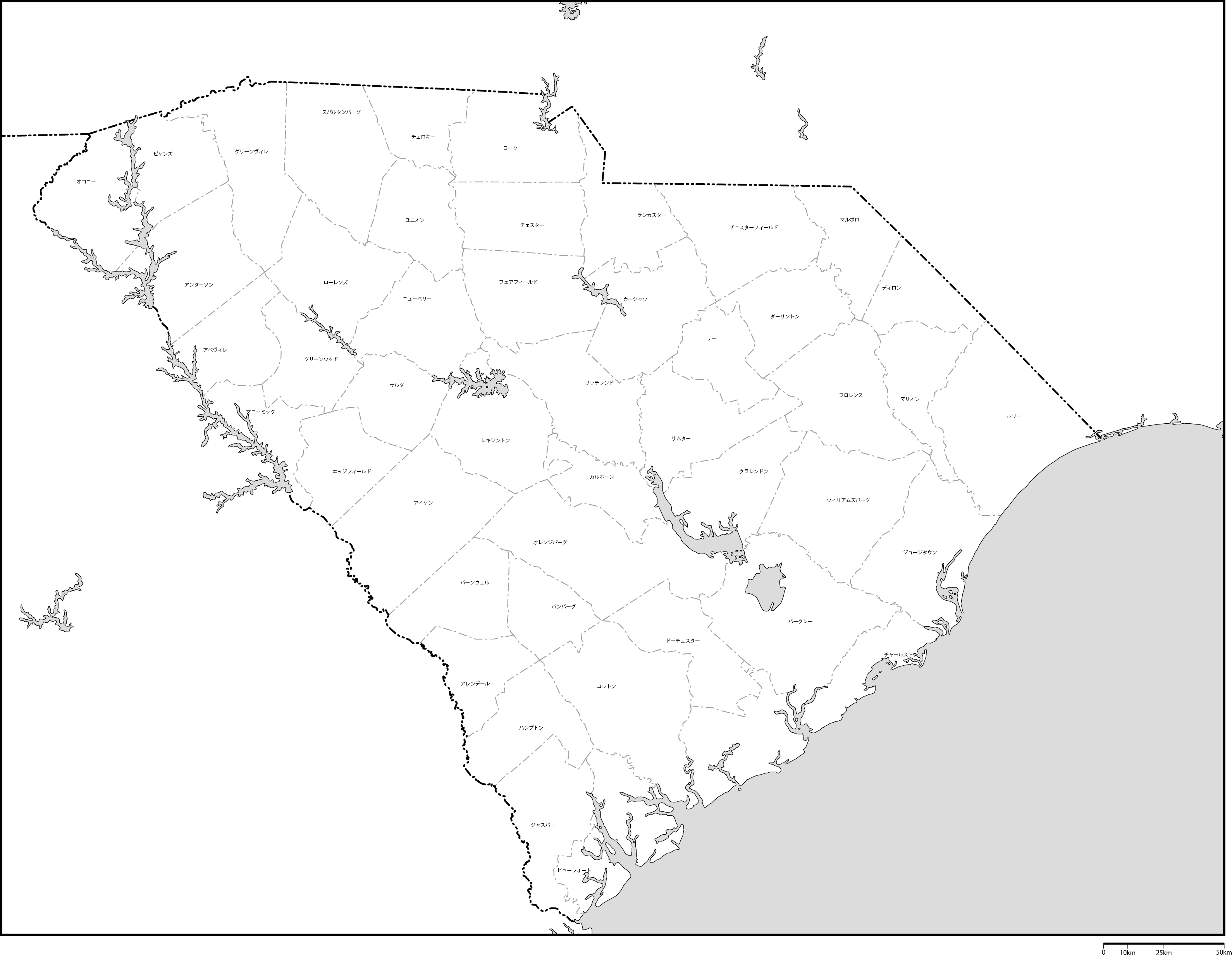 サウスカロライナ州郡分け地図郡名あり(日本語)フリーデータの画像