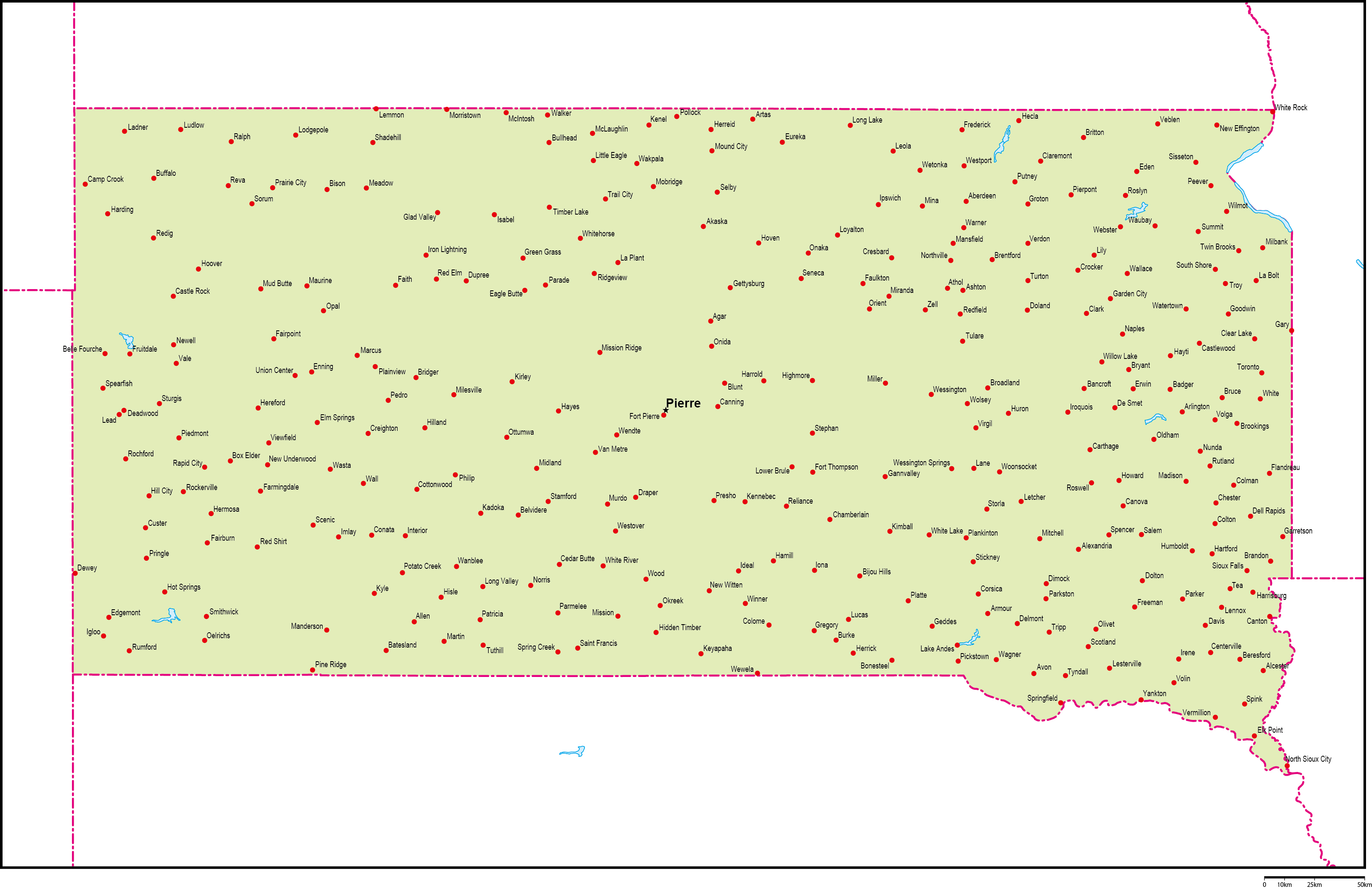 サウスダコタ州地図州都・主な都市あり(英語)フリーデータの画像