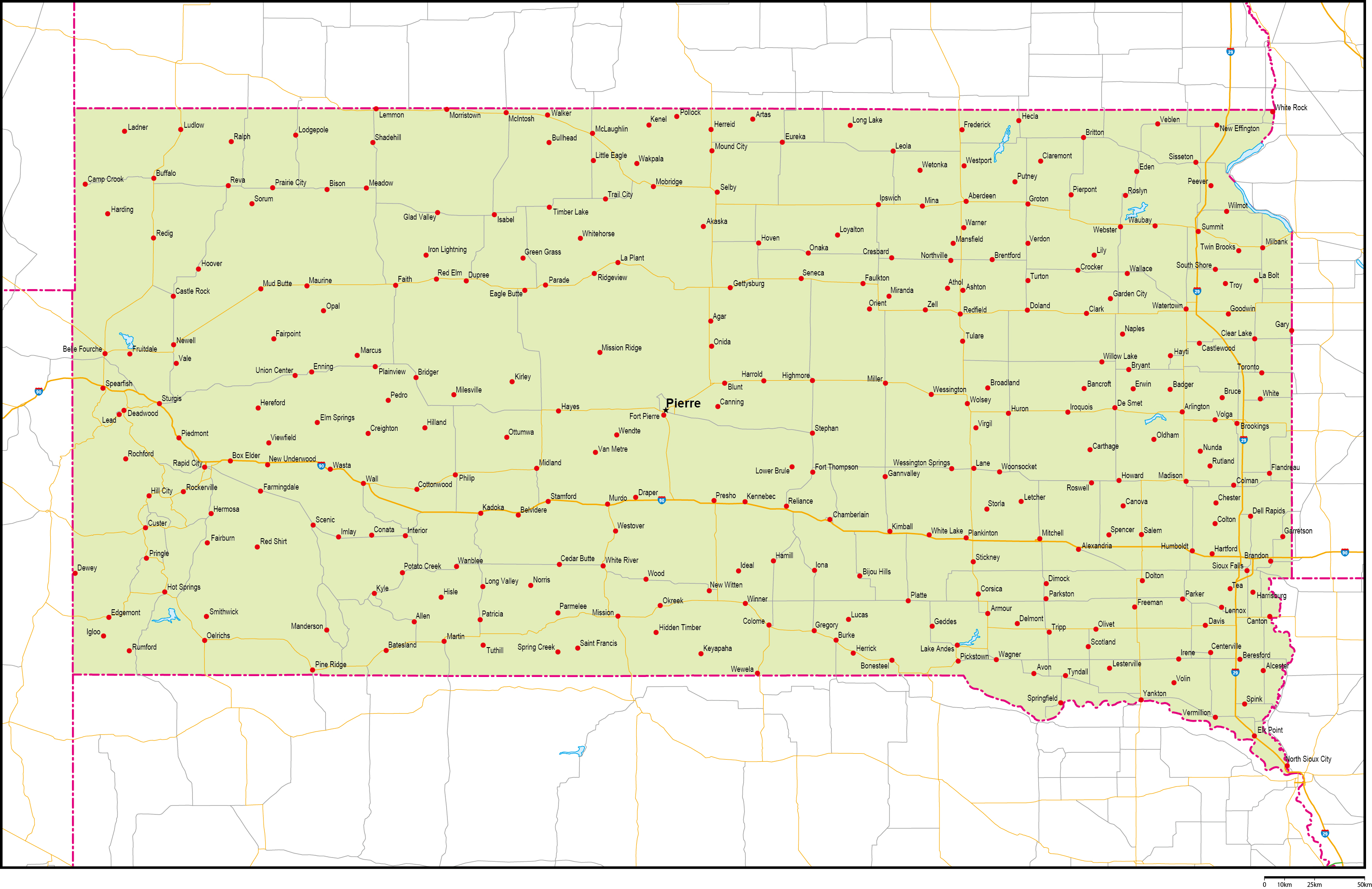 サウスダコタ州地図州都・主な都市・道路あり(英語)フリーデータの画像