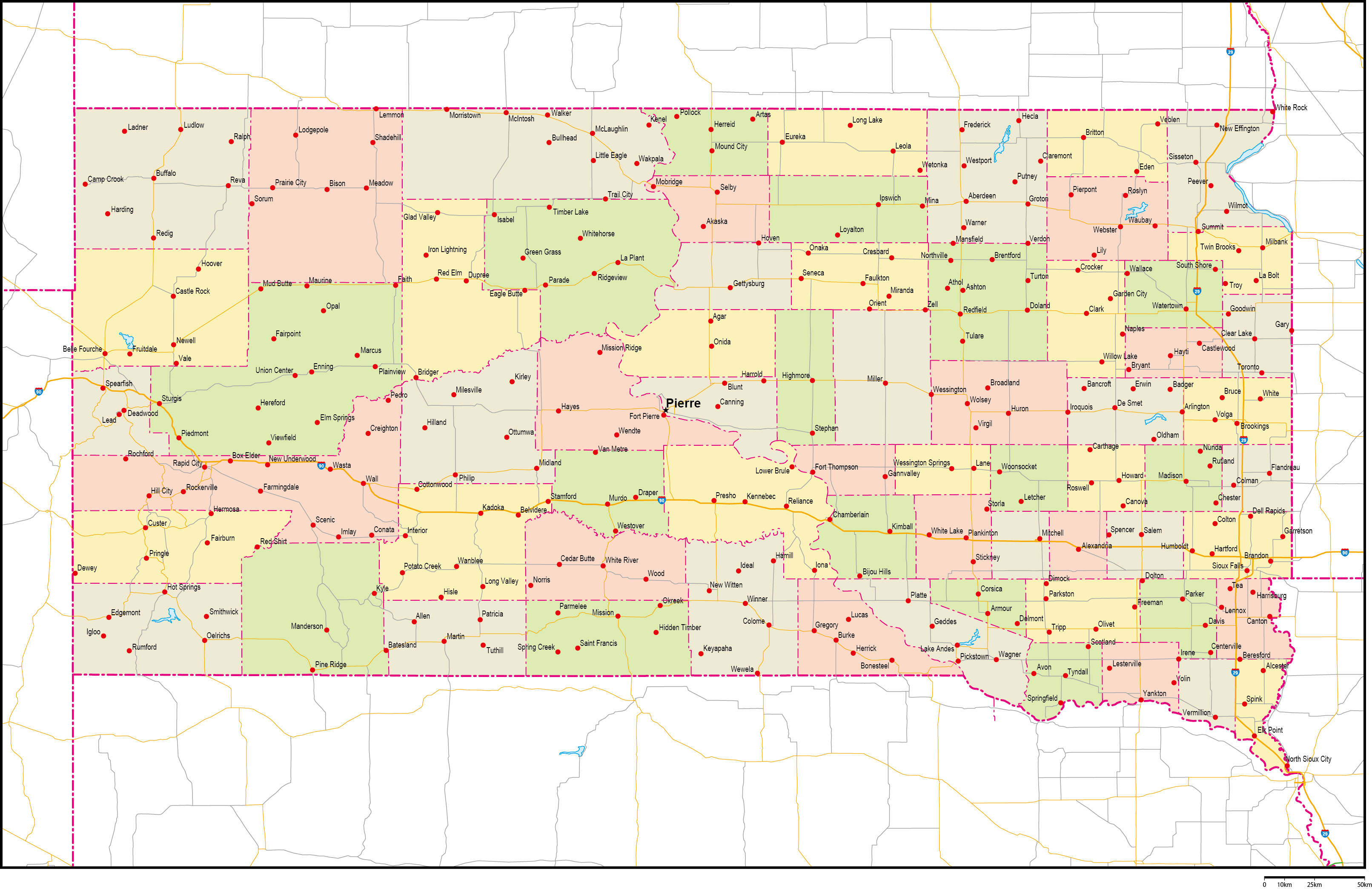サウスダコタ州郡色分け地図州都・主な都市・道路あり(英語)フリーデータの画像